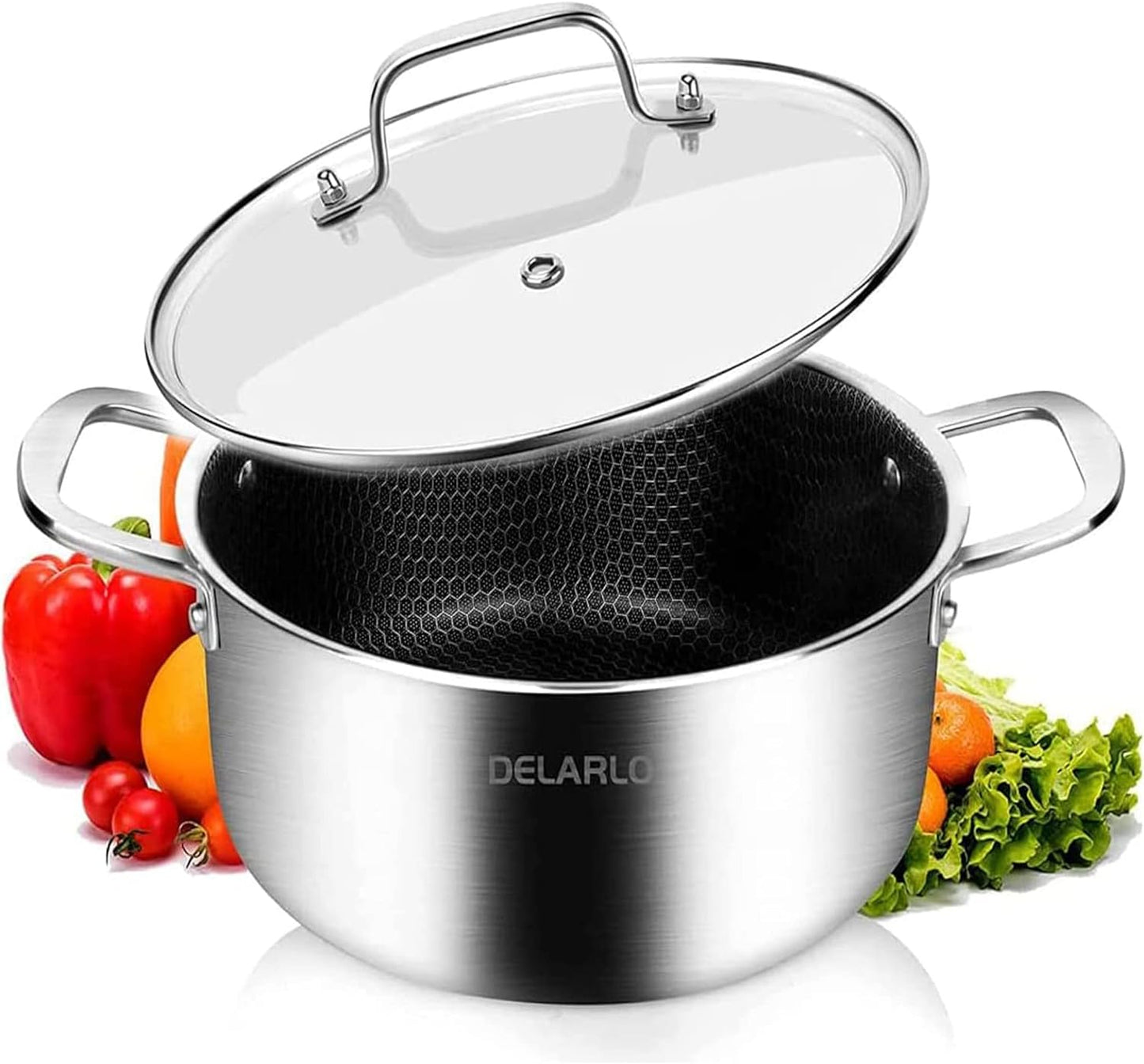 DELARLO Tri-Ply Stainless Steel Stock Pot, 5QT Non Stick Pots, Induction Ready, Cooking Pots with Lids, Stockpot 600℉ Oven Safe, 18/8 Food Grade Cookware, Soup Pot, Energy Saving, Lids 350℉