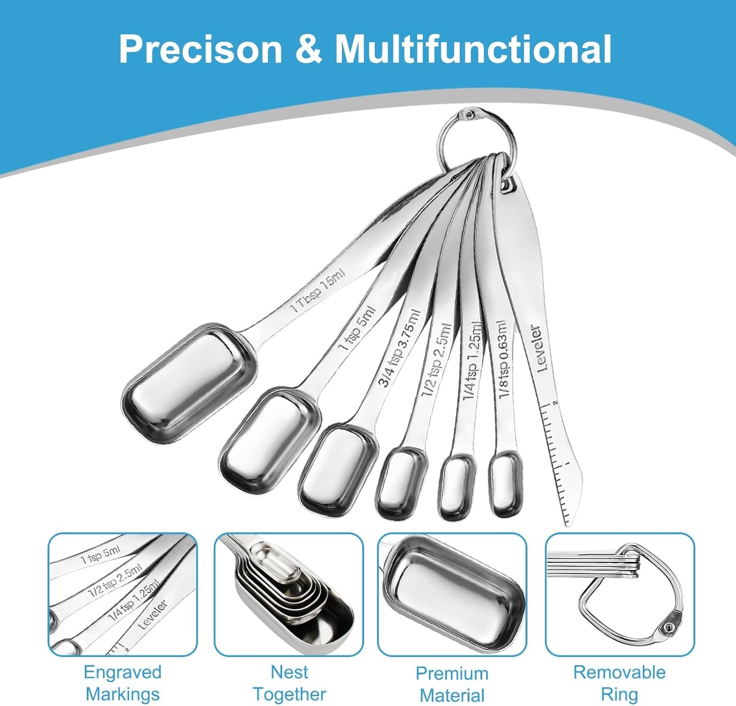 17 Piece Measuring Cups and Spoons Set, Stainless Steel Measuring Spoons Set and Stackable Measuring Cup with Lid for Liquid and Dry Ingredients, Cooking Baking Gadgets