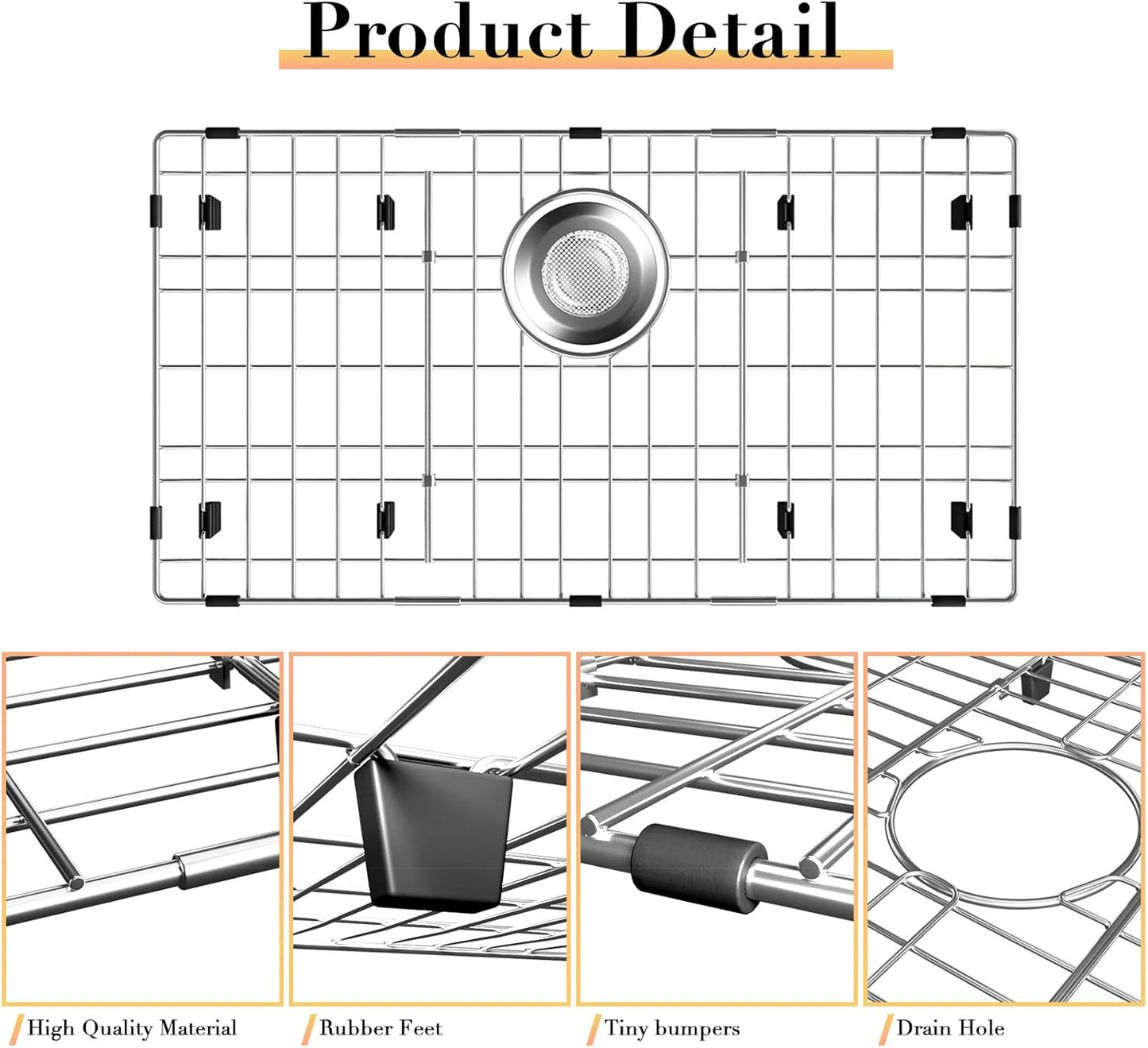 26-1/8’’ x 14-1/8’’ Stainless Steel Sink Grid, Sink Protectors for Kitchen Sink, Sink Protector with Rear Drain for Single Sink Bowl, Sink Bottom Grid, Sink Grate for Bottom with Sink Strainer
