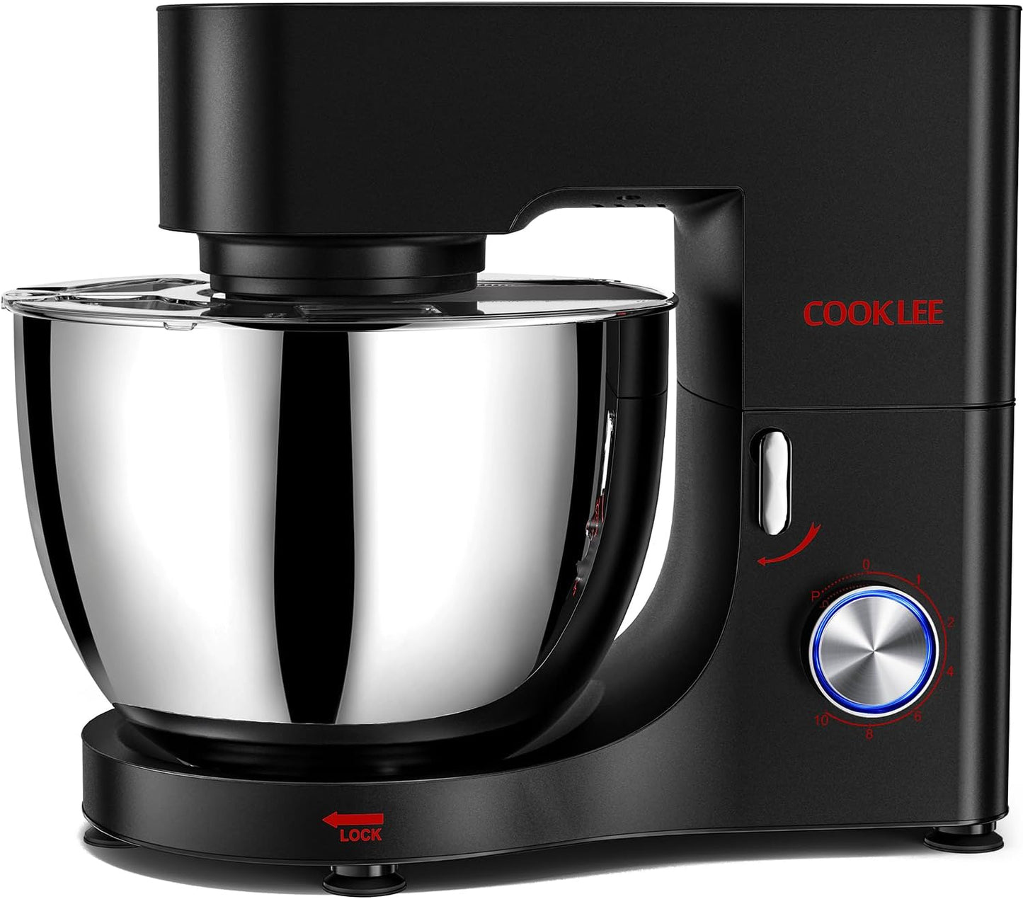 COOKLEE Stand Mixer, 9.5 Qt. 660W 10-Speed Electric Kitchen Mixer with Dishwasher-Safe Dough Hooks, Flat Beaters, Wire Whip & Pouring Shield Attachments for Most Home Cooks, Black
