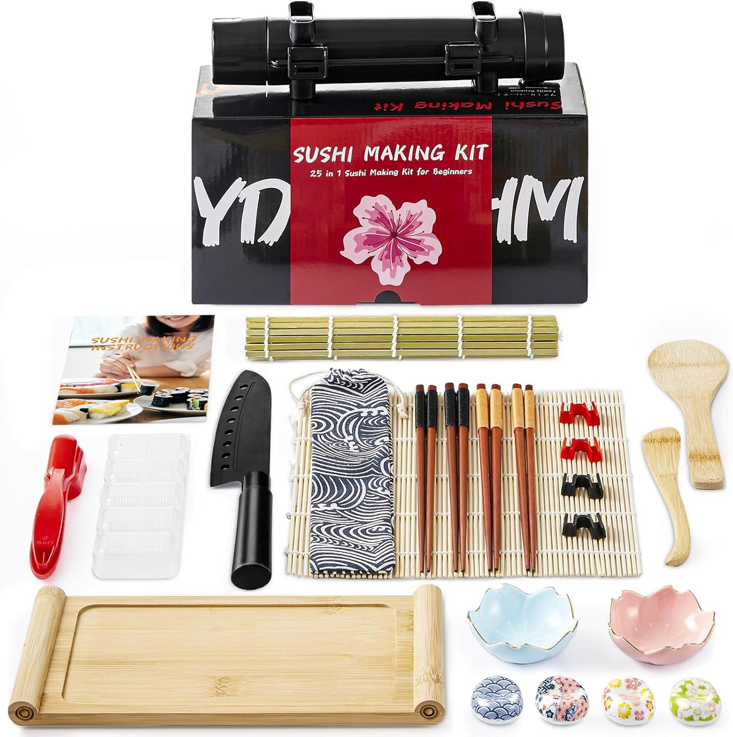 Deluxe Sushi Making Kit 25-in-1 Bazooka Roller Set, Bamboo Mat,Knife,Sauce Tray,Japanese Sashimi Sushi Bamboo Serving Geta Plate,and More - Perfect for Beginners