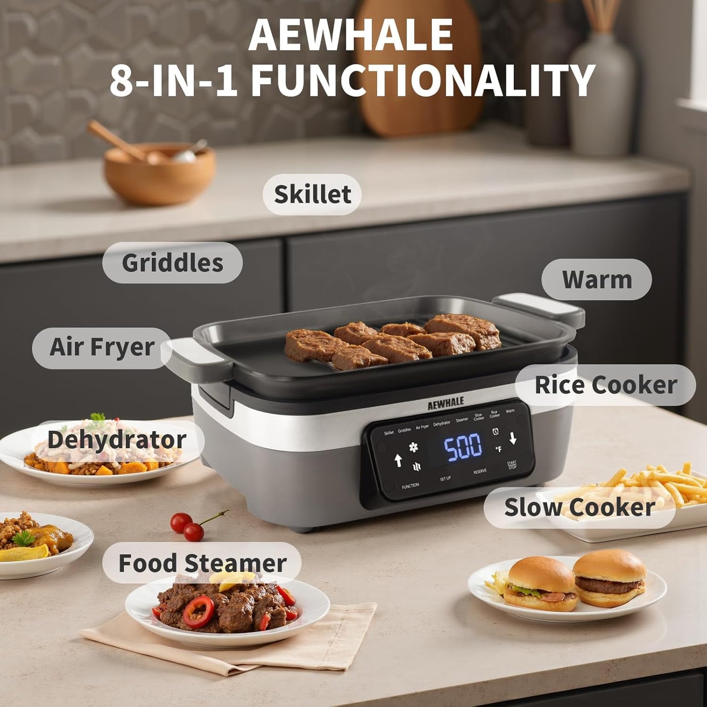 AEWHALE 8-in-1 Programmable 4.5-Quart Multi-Cooker with Air Fryer,Slow Cooker,Food Steamer,Dehydrate &More, Family-Sized Capacity,Grey