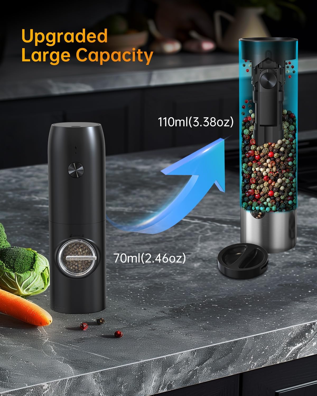 CIRCLE JOY Rechargeable Electric Salt and Pepper Grinder Set with Base, Automatic Stainless Steel Pepper Mill Grinders with 110ml Container, Adjustable Coarseness and White LED Light, Silver