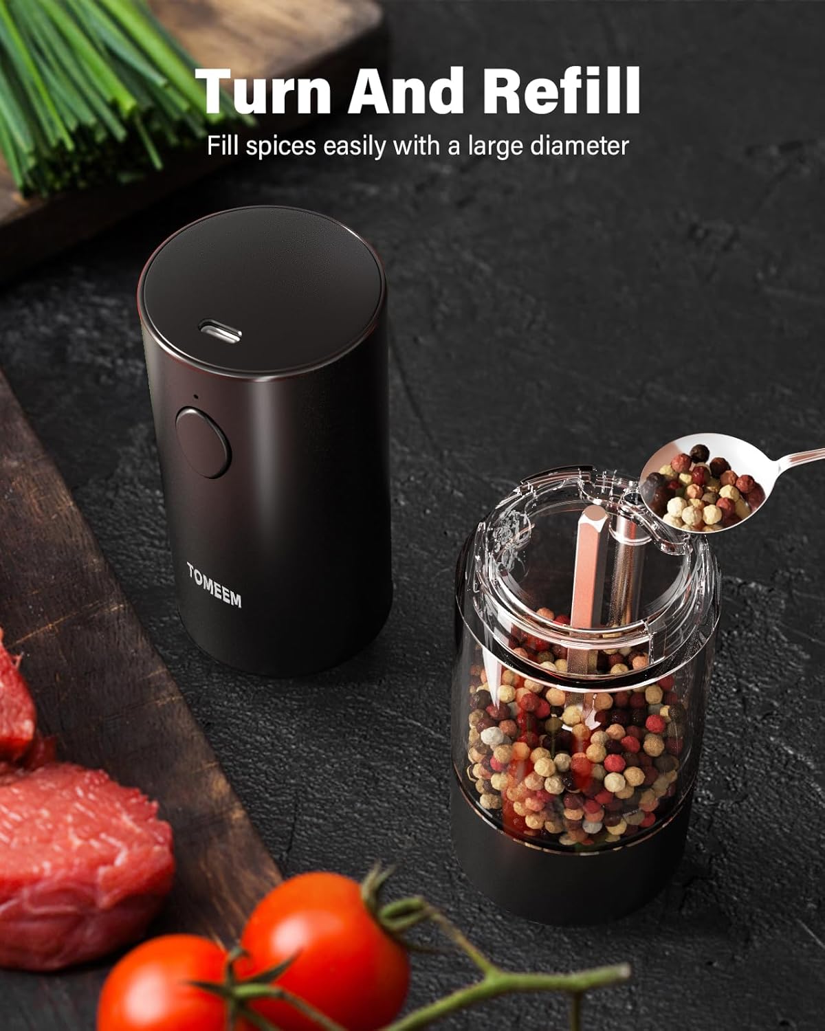 TOMEEM Upgraded Larger Capacity Electric Salt and Pepper Grinder Set Rechargeable with LED lights, Stainless Steel Automatic Pepper and Salt Grinder Refillable with 5 Adjustable Coarseness Black