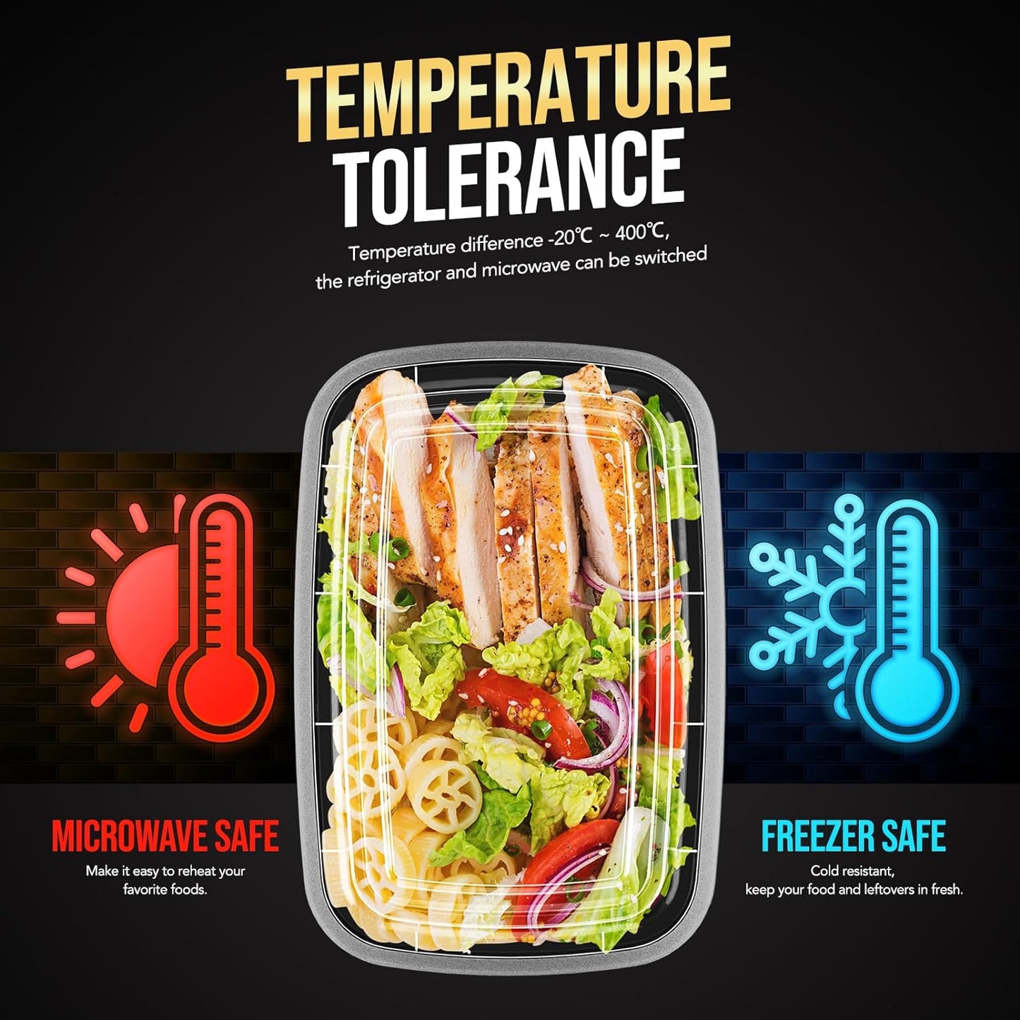 20-Piece (10-Pack) 16 OZ Meal Prep Containers Reusable with Lids, Sturdy Leakproof & Food Safe, Microwave, Freezer, Dishwasher Safe To Go Food Containers, Plastic Take Out Containers, Black