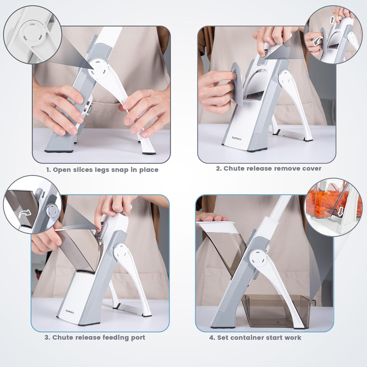 SupMaKin Safe Mandoline Slicer for Kitchen, Vegetable Food Potato Chip Slicer Maual Adjustable Thickness, Chopping Artifact Fast Veggie Salad Chopper Light Gray