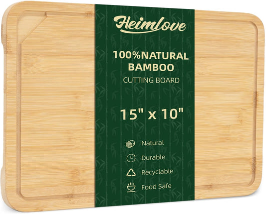 Heimlove Bamboo Cutting Board for Kitchen, 15 x 10 Large Cutting Board Charcuterie Boards with Juice Groove and Handles, Chopping Board for Meat, Vegetables and Cheese