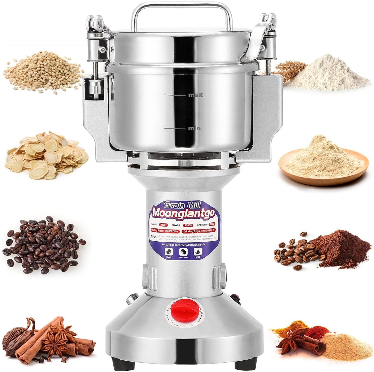 Moongiantgo Grain Mill Grinder Electric 500g Commercial Spice Grinder 2500W Stainless Steel Pulverizer Dry Grinder Grinding Machine (500g Upright, 110V)