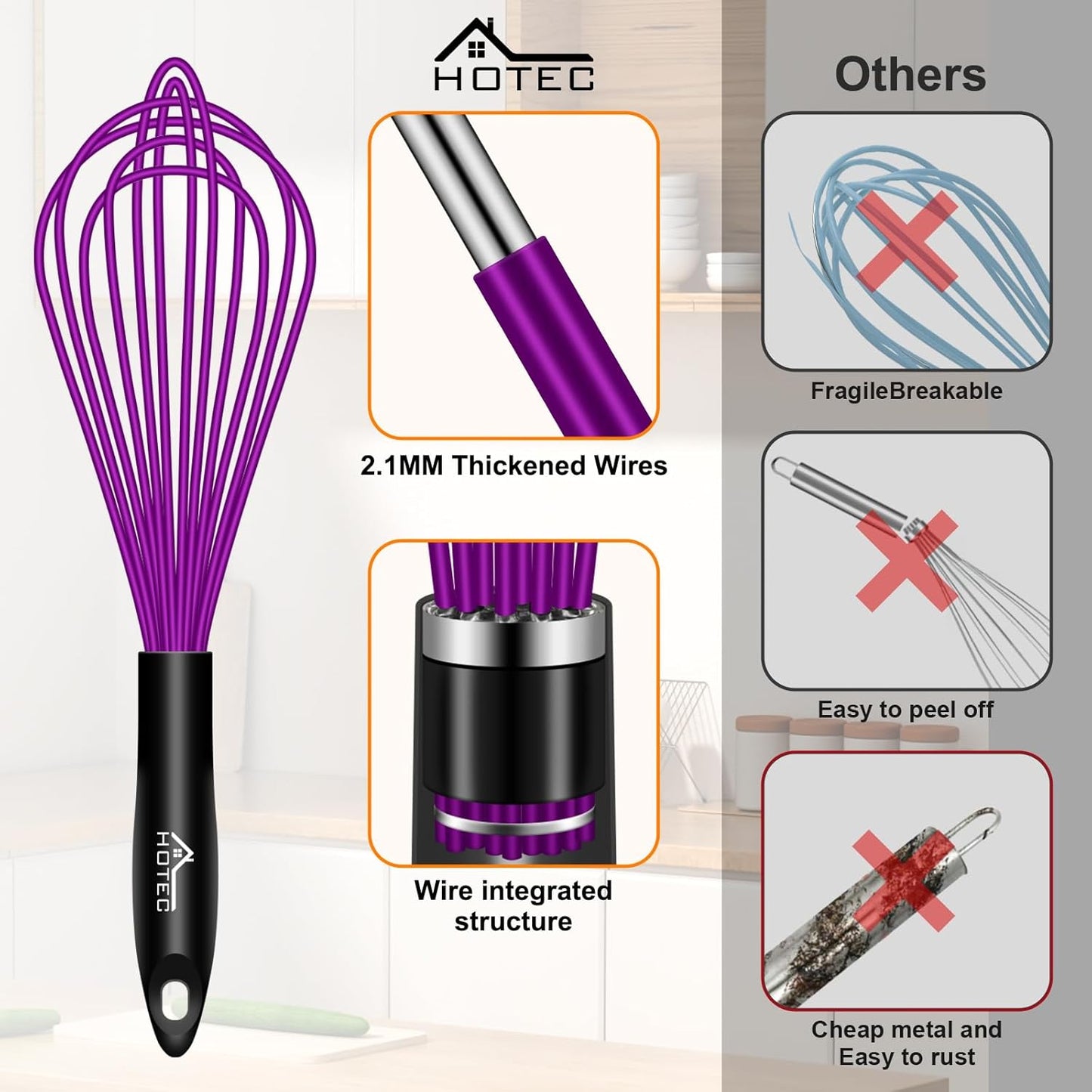 HOTEC 4 Pieces Silicone Whisks for Cooking, Wire Balloon Whisks Egg Beater, Non-slip Handle Whisk for Non-stick Cookware Perfect for Cooking, Stirring, Beating and Blending (Purple)