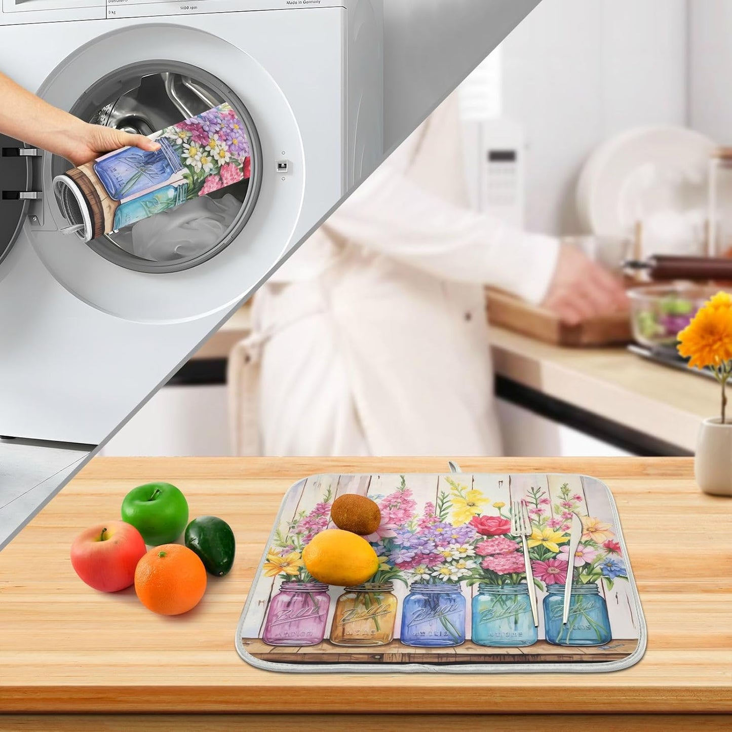 Spring Floral Jars Rustic Dish Drying Mat for Kitchen Counter Absorbent Microfiber Large Drying Pad Flowers Dish Mats for Kitchen Countertops 18 x 24 Inch