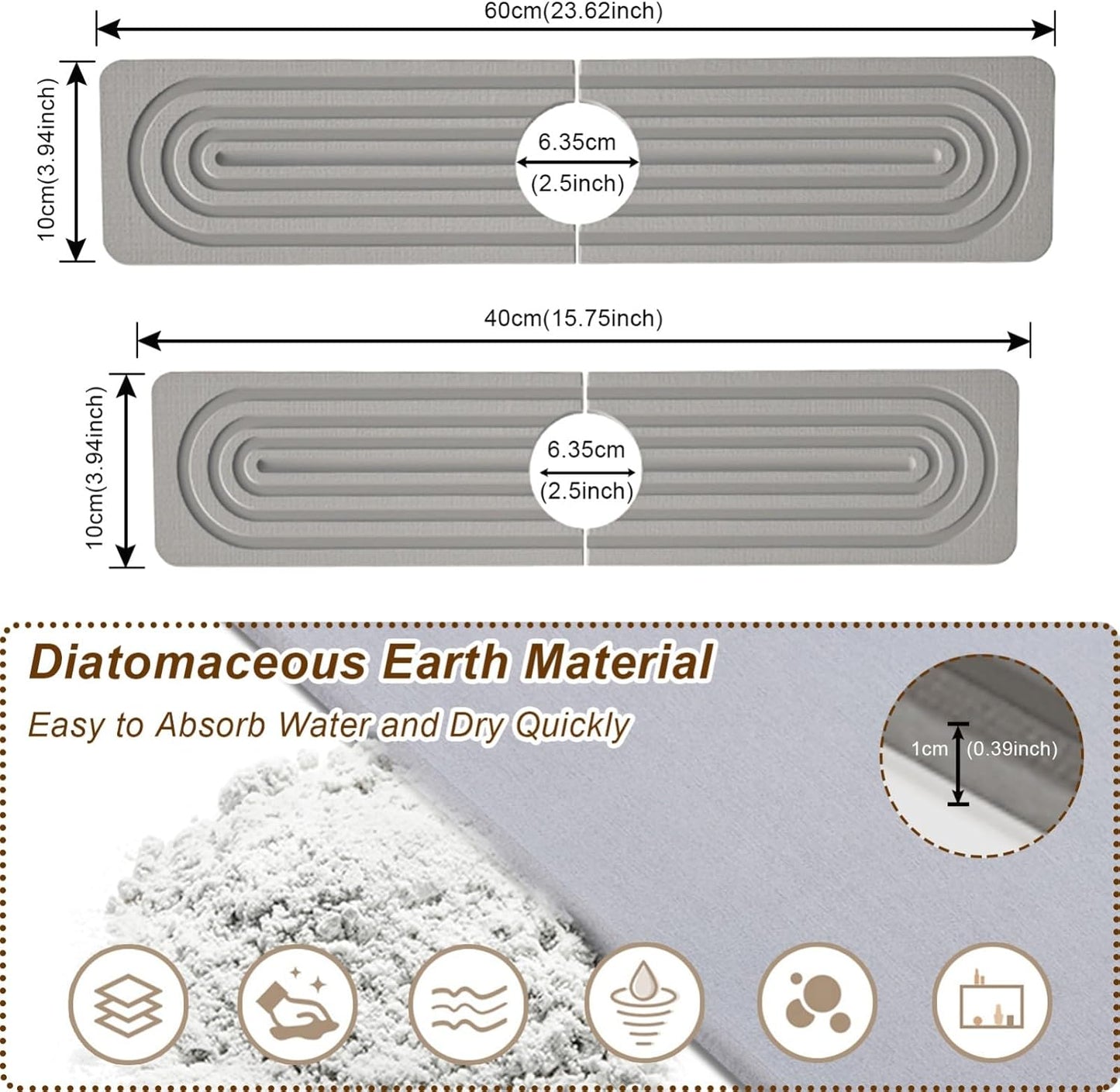 Faucet Mat for Kitchen Sink, Diatomite Super Absorbent Fast Drying Stone Sink Tray for Bathroom Kitchen Sink Splash Guard(Square Grey,23.6x3.9in)