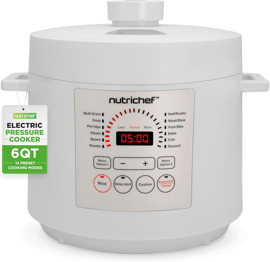 NutriChef Electric Pressure Cooker 6 Quart Capacity | 9 Function Digital Countertop Pressure Cooker | Adjustable Time & Temperature | Cook, Bake, Steam, & Braise | 13.1 x 11.4 IN | White