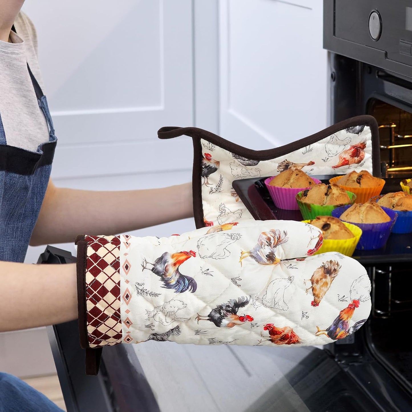 Roosters Oven Mitts and Pot Holders Sets 2Pcs, 100% Cotton Heat Resistant, Extra Long Oven Gloves Potholder for Kitchen Cooking Baking Decoration