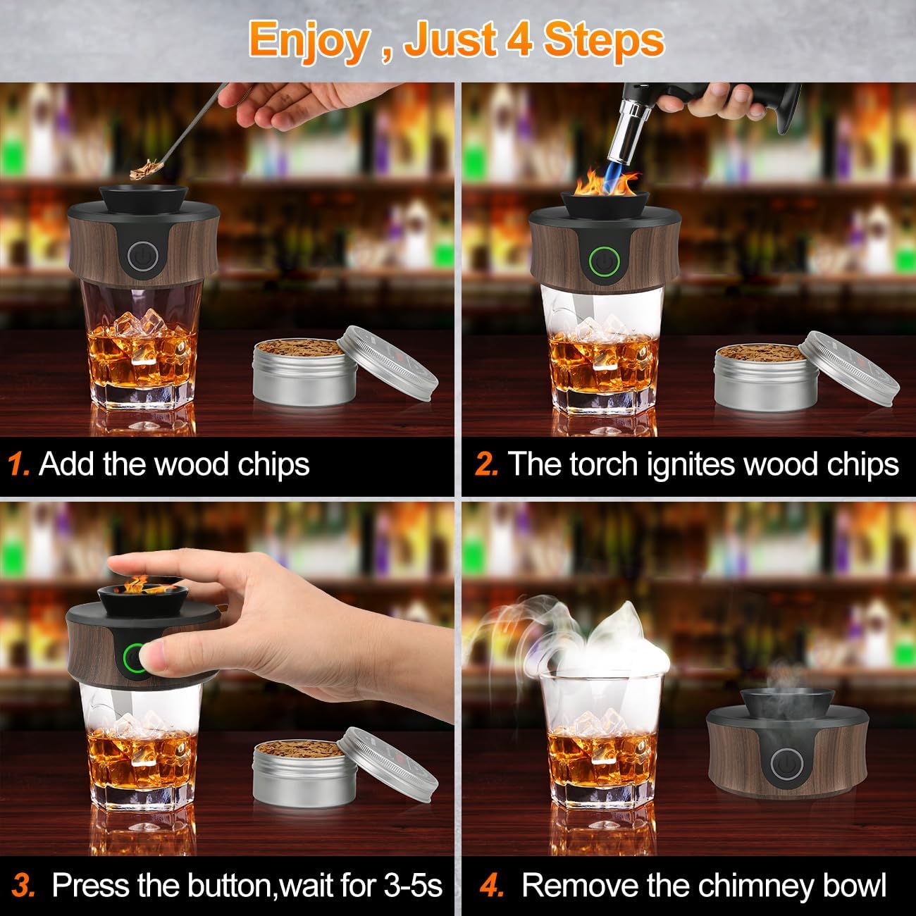 Electric Cocktail Smoker Kit with Torch – Enhance Your Drink's Aroma with 6 Flavorful Wood Chips | Old Fashioned Smoker for Whiskey & Cocktails | Gift for Drink Lovers (Butane Not Included)