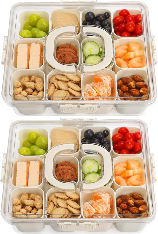 2Pcs Snackle Box Container, Divided Serving Tray with Lid and Handle, Snack Box Container Food Platter Charcuterie for Party, Veggies, Snack, Fruit, Nuts, Entertaining, Picnic, LARGER SIZE
