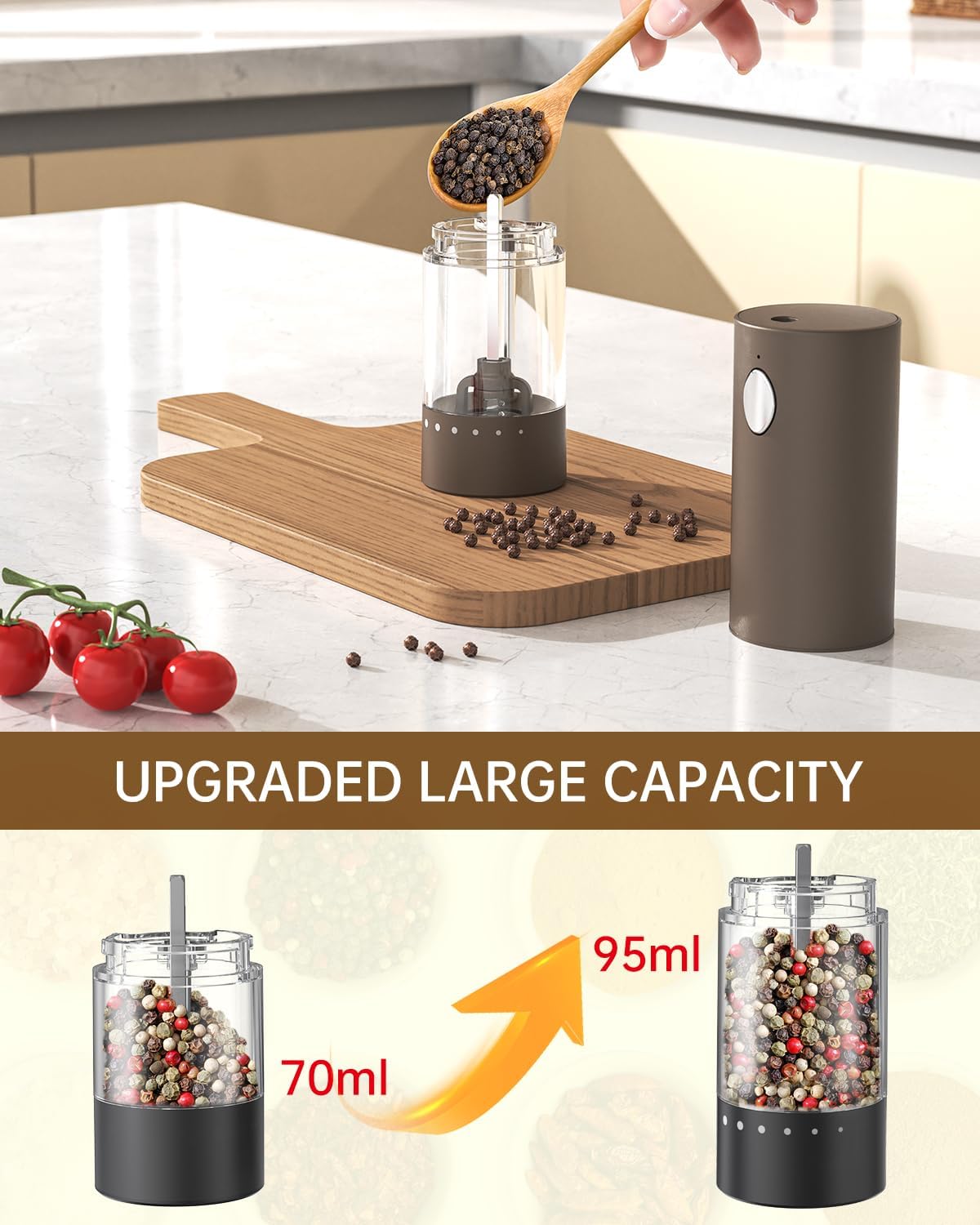 CIRCLE JOY Electric Salt and Pepper Grinder Set Rechargeable Salt and Pepper Mills with Storage Base, Adjustable Coarseness and LED White Light, Washable 95ml Container, Brown