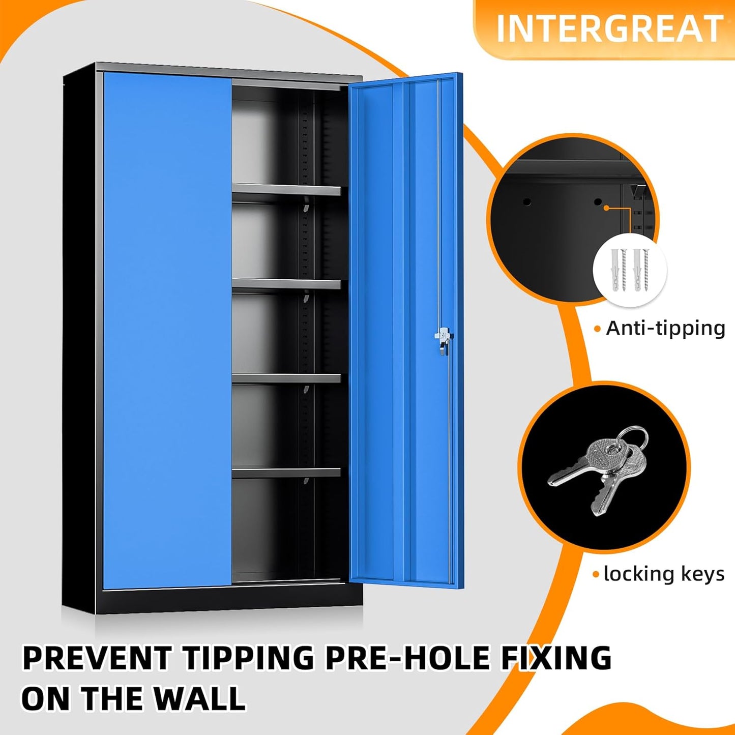 INTERGREAT Metal Storage Cabinets 72” Black Blue Garage Steel Storage Cabinet with Doors and Shelves, Steel File Cabinet for Home Office, Basement, Warehouse, Classroom（Anti Tipping）