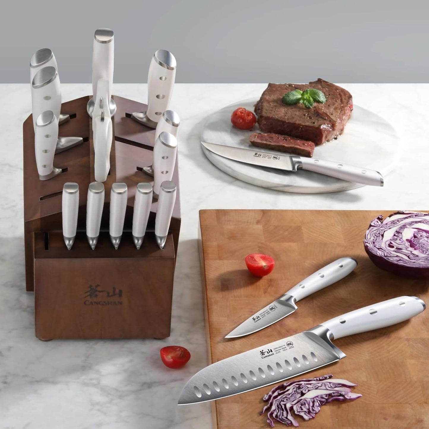 Cangshan Alps Series German Steel Forged 17-Piece Knife Block Set, Acacia (White)