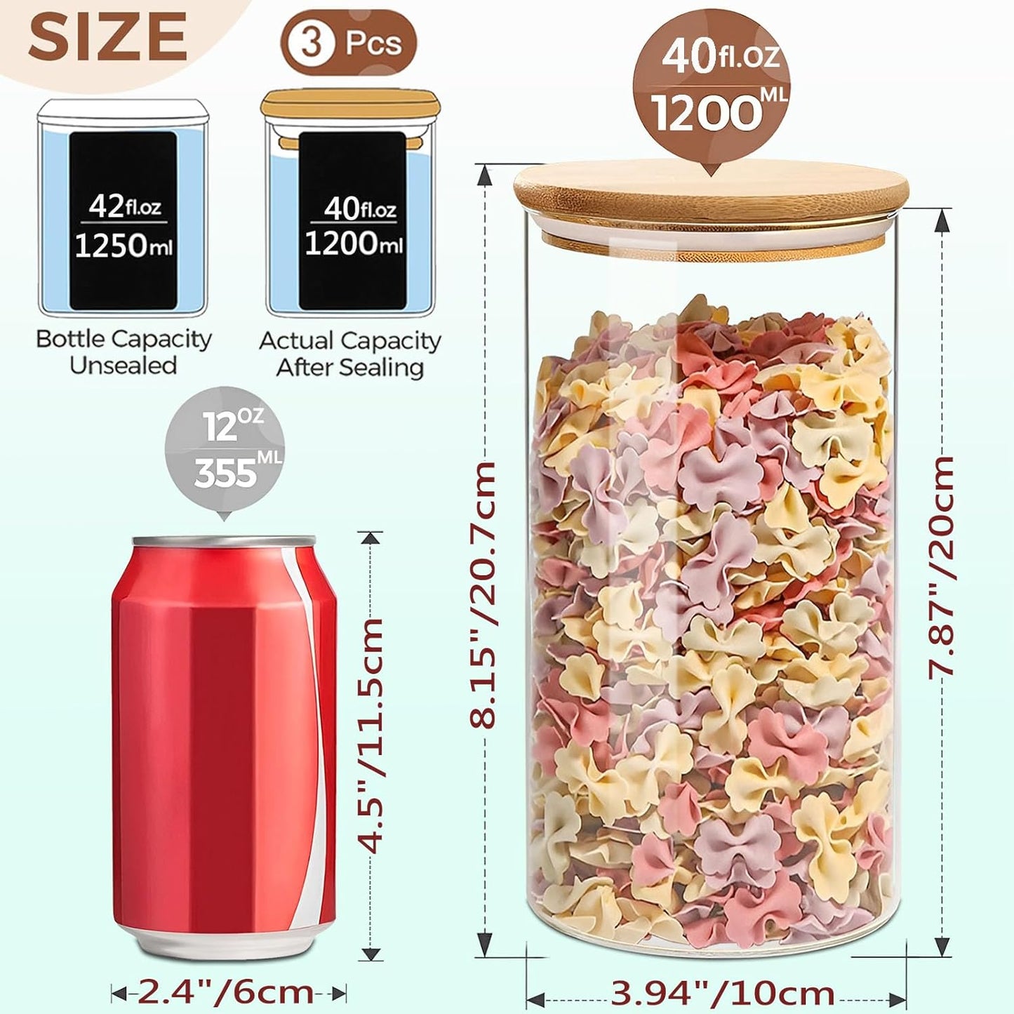 40oz Round Glass Storage Containers with Lids, Clear Food Storage Container Jar with Sealing Bamboo Lid for Noodles Flour Cereal Rice Sugar Tea Coffee Beans, Round Set of 3