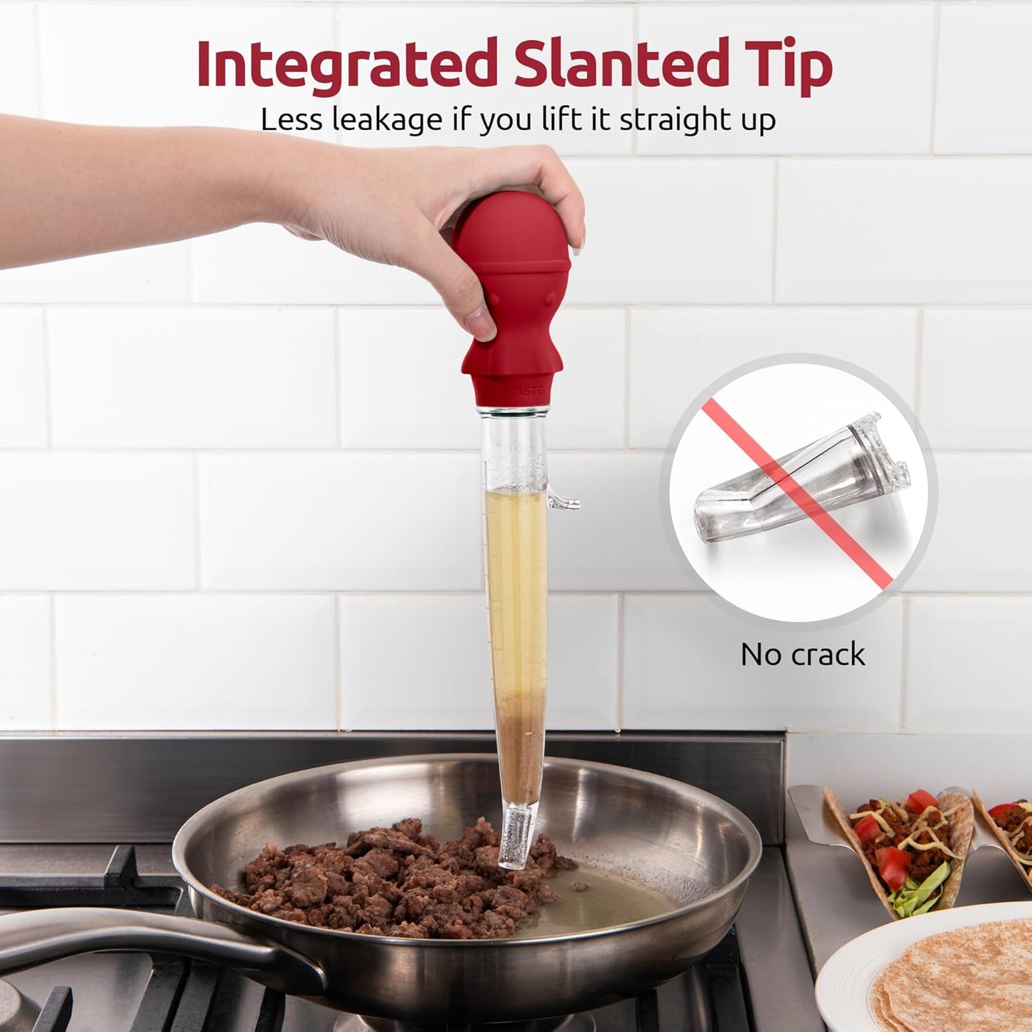 U-Taste 1.5oz Angled Turkey Baster - 228.2ºF Heat Resistant Food Grade Tritan and Silicone Large Octopus Bulb Baster Set with Cleaning Brush for Cooking Basting Meat Poultry Beef Chicken (Red)