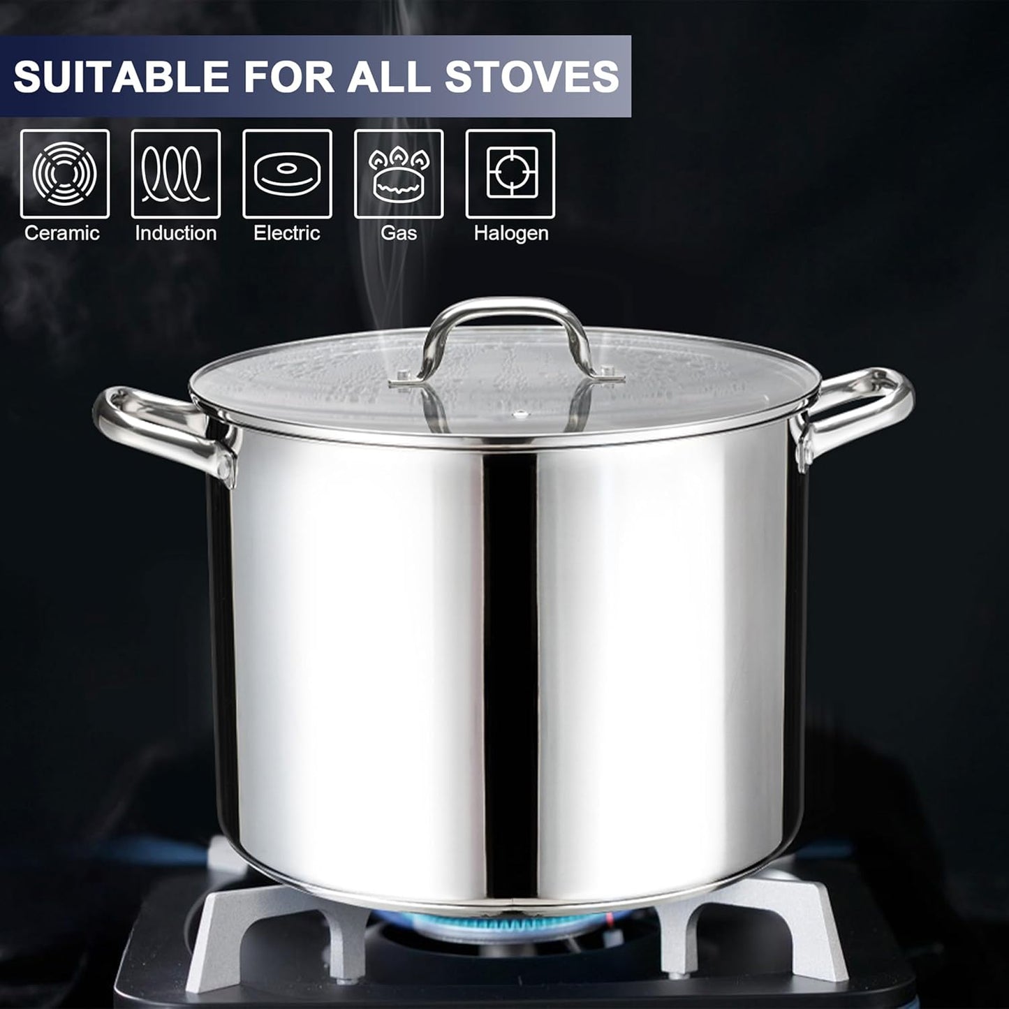14 QT Stainless Steel Large Stock Pot, LIANYU Heavy Stockpot with Glass Lid, Deep Soup Canning Pot for Stewing Simmering, Tri-ply Base for Induction, Halogen Cooktops, Dishwasher Safe