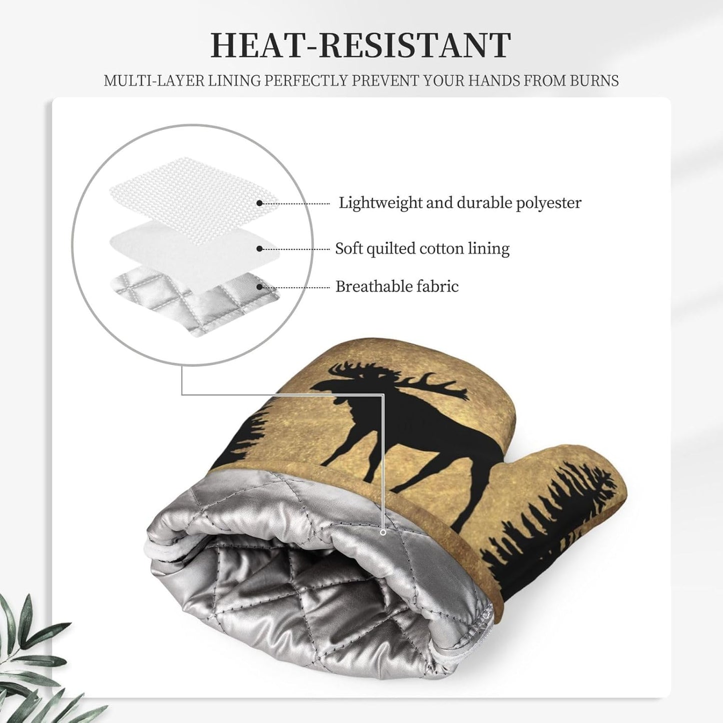 Rustic Elk Moose Deer Forest Pine Tree Moon Design Oven Mitts and Pot Holders Sets Silicone Moose Kitchen Mitts Potholders Heat Resistant 4Pcs Moose Oven Gloves Hot Pads for Kitchen