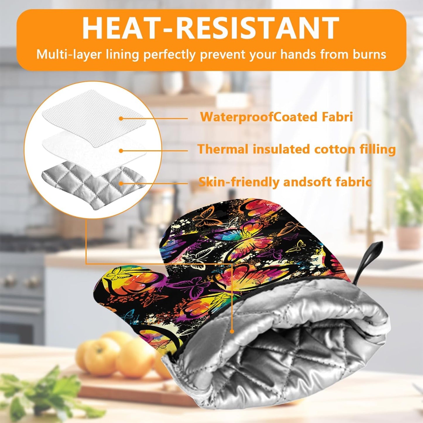 Colorful Butterfly Oven Mitts and Pot Holders Sets 4Pcs,Extra Long Oven Gloves Potholder for Kitchen Cooking Baking BBQ 100% Cotton Heat Resistant