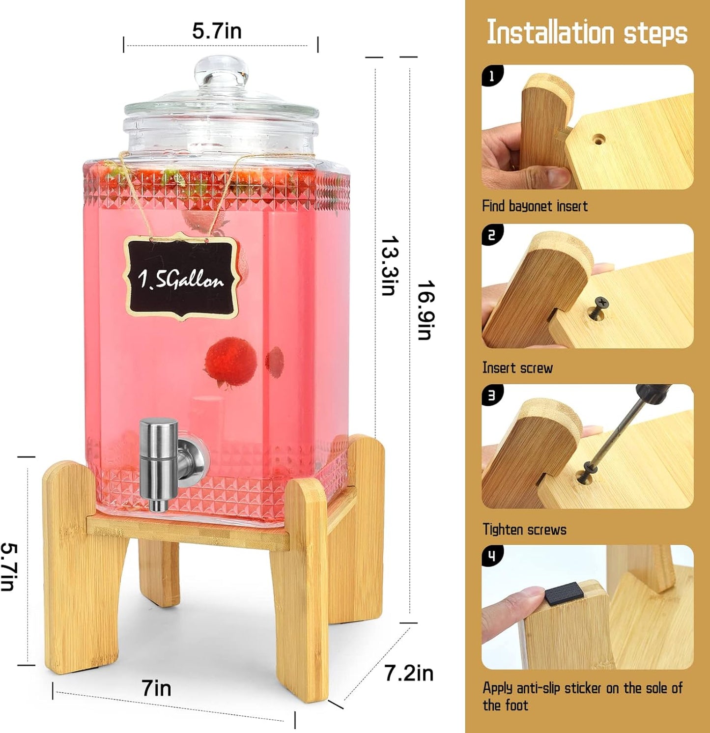 1.5 Gallon Glass Beverage Dispenser With Stand(Natual Bamboo). Water Drink Dispensers for Parties With Stainless Steel Spigot 100% Leakproof.Perfect For Parties And Daily Use.