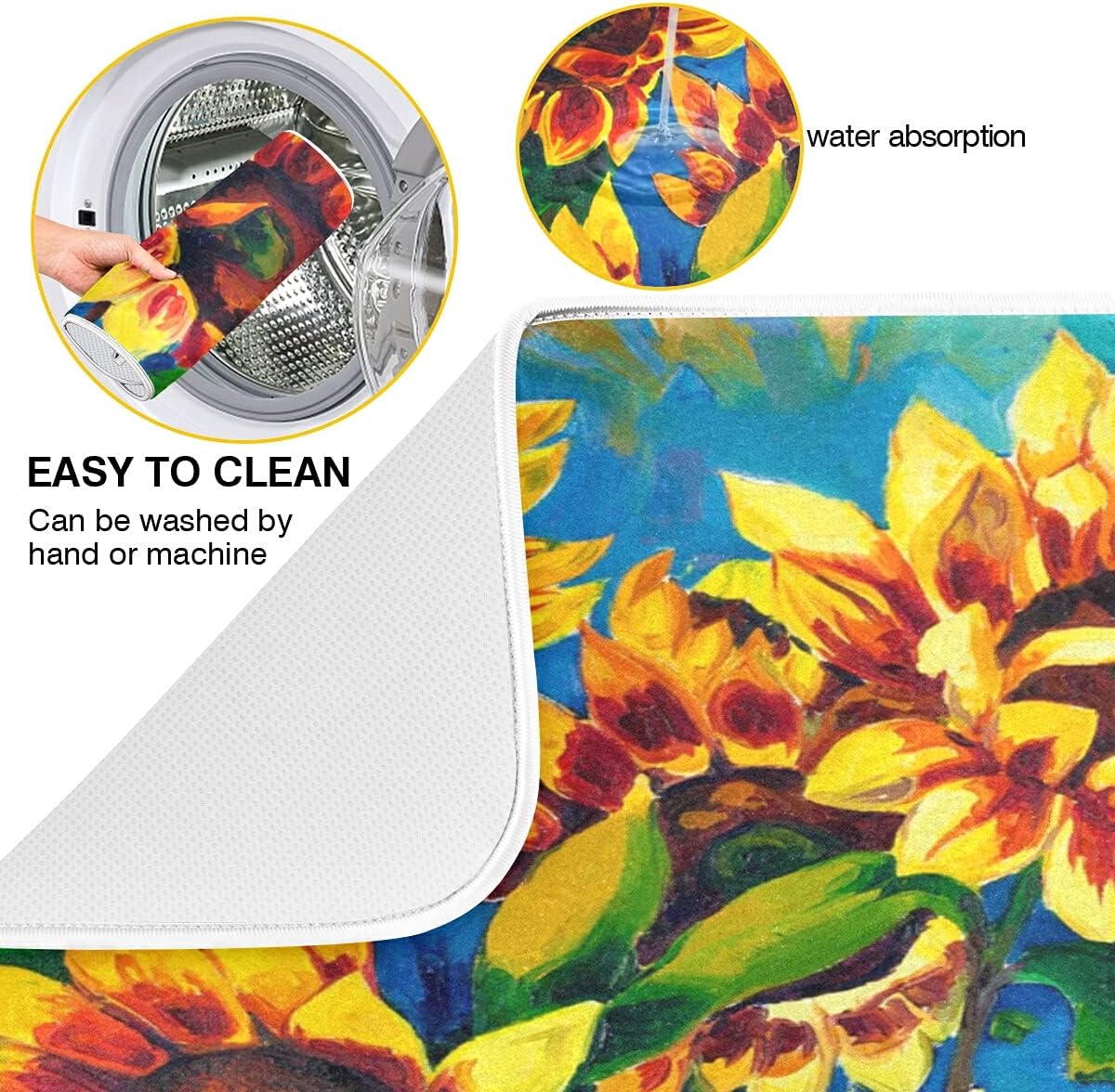 Super Absorbent Dish Drying Mat, Microfiber Fast-Drying Dish Mat, 24" x 18", Kitchen Dish Drying Pad, Sunflowers