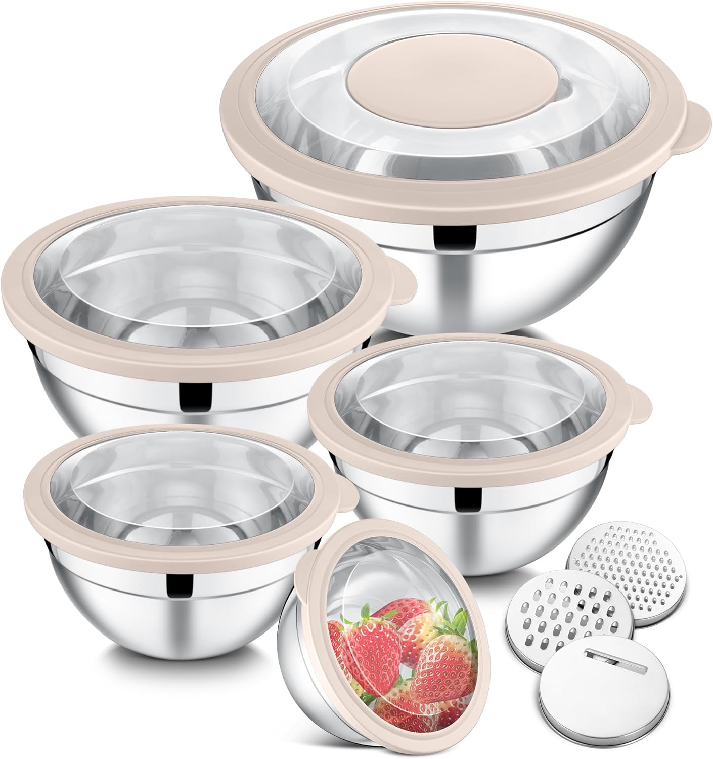 E-far Mixing Bowls Set of 5, Stainless Steel Salad Mixing Bowl with Transparent Lid, Metal Nesting Bowl Attach with 3 Graters for Kitchen Prepping/Serving/Baking/Storage, 4.6/2.6/1.5/1/0.7 QT - Khaki