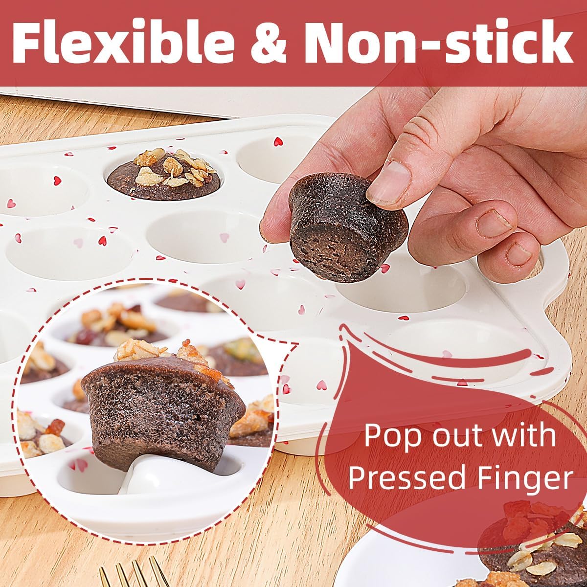 CAKETIME Mini Muffin Pan, Metal Reinforced Frame Mini Cupcake Pans 24 Cups Nonstick Muffin Silicone Molds with Handle for Baking Muffins, Cupcakes, Egg Bites 2 Pack Heart-Shaped