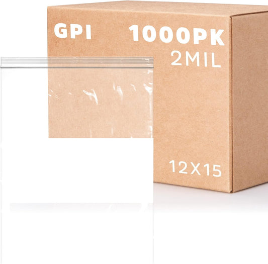 12" x 15" Large Zip Bags, 2 Mil Thick Clear Plastic Reclosable Zipper Lock Bags with Write-on White Block, with Resealable Zip Top Lock for Food Storage & Office Supplies, 1000 Count