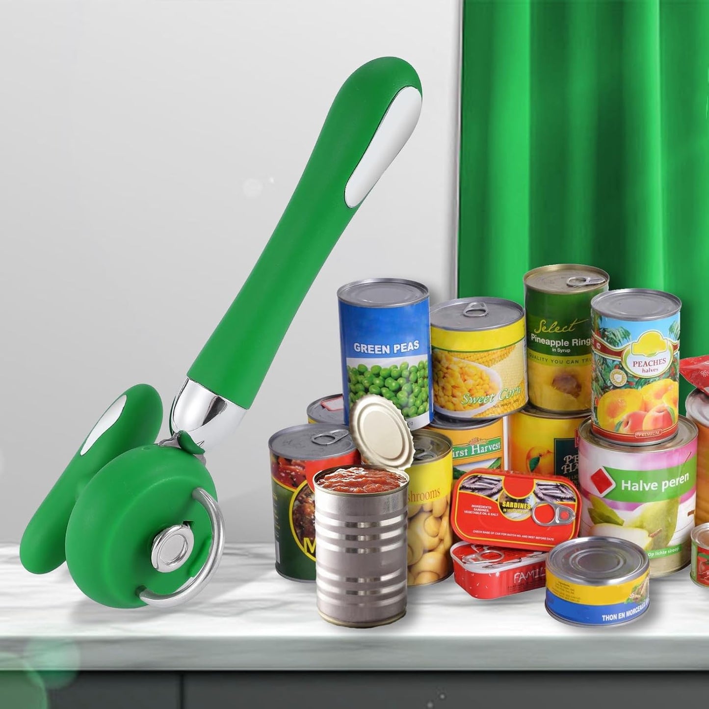 Can Opener Manual Tin Opener Stainless Steel Heavy Duty, Oversized Hand-held Easy Rotary Knob, Safe Cut Manual Can Opener with Non-Slip Handle, Smoother Cut Sharp Blade for Seniors Kitchen Tool, Green