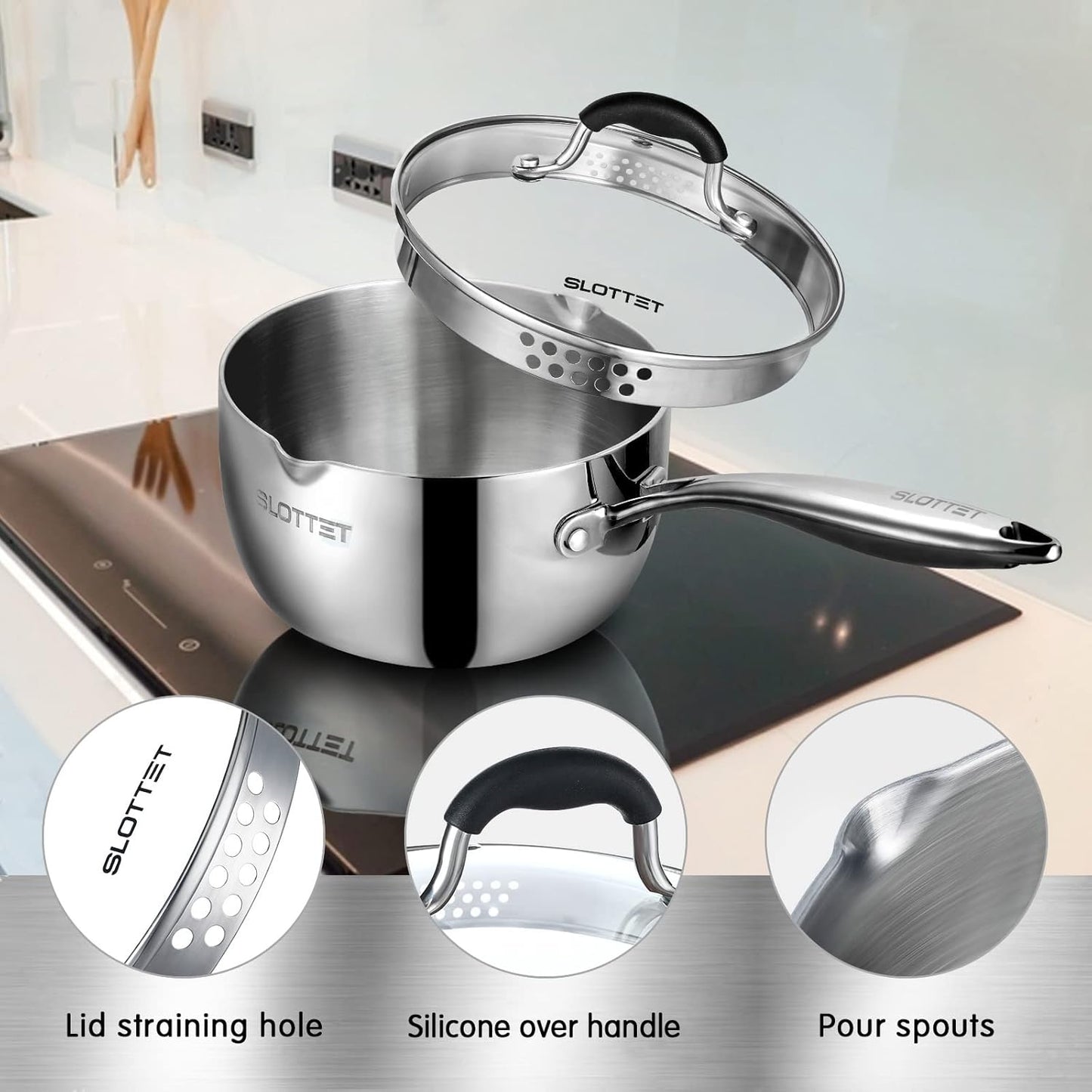 Tri-Ply Full Body Stainless Steel Sauce Pan with Steamer,1.5 Quart Small Multipurpose Pasta Pot with Strainer Glass Lid, Saucepan with Pour Spout for Cooking Stay-cool Handle.