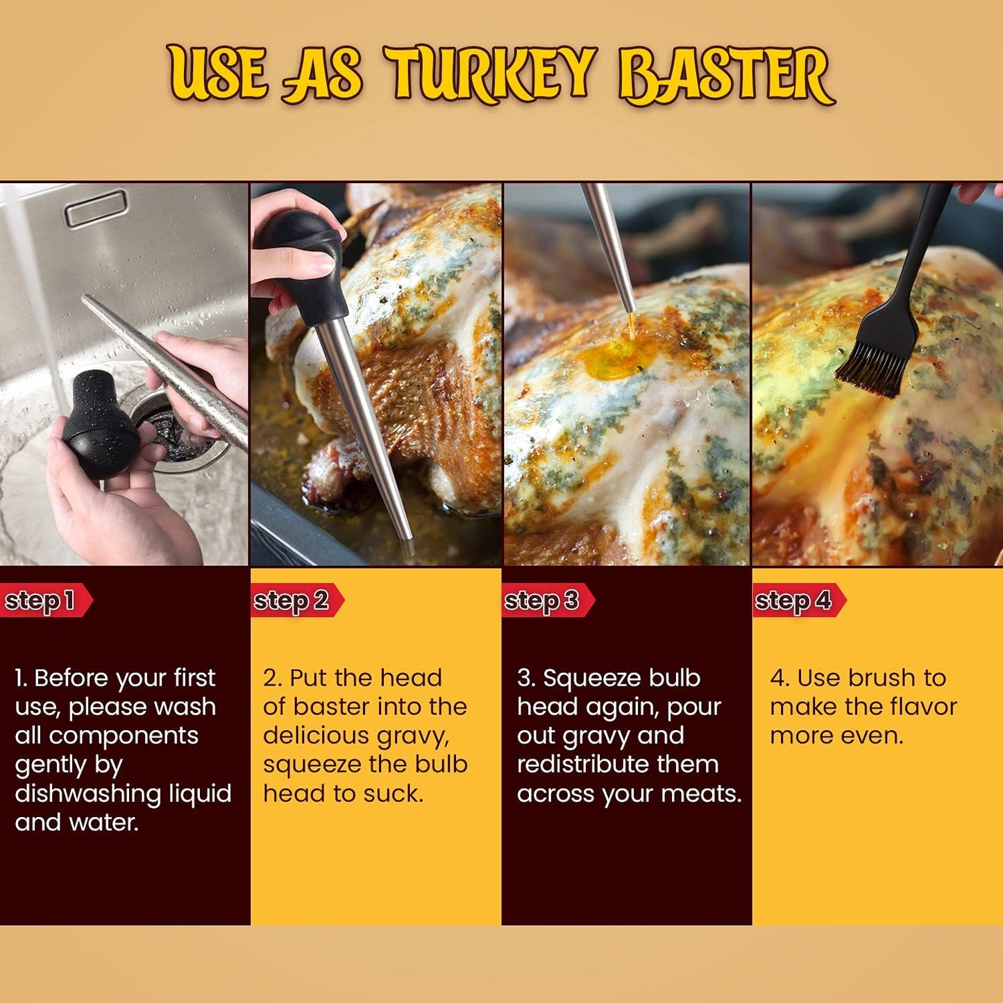 Turkey Baster, Stainless Steel Baster for Cooking with Marinade Injectors Syringe, Basting Brush, Thick Cleaning Brush & Thin Cleaning Brush