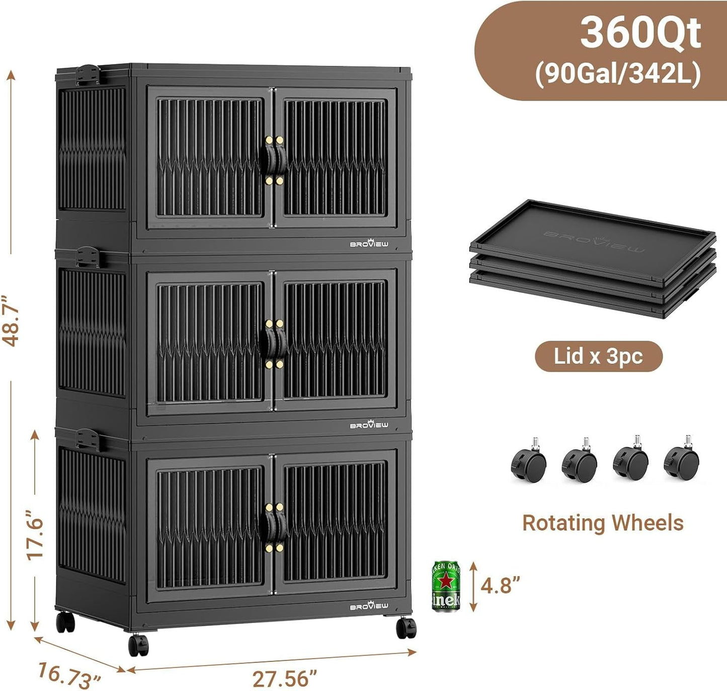 360Qt Stackable Storage Bins with 3 Lids, Extra Large Closet Organizer Collapsible Drawer Boxes with Wheels, Folding Plastic Cabinet Containers for Home Kitchen Room Organization, 3Pack Black