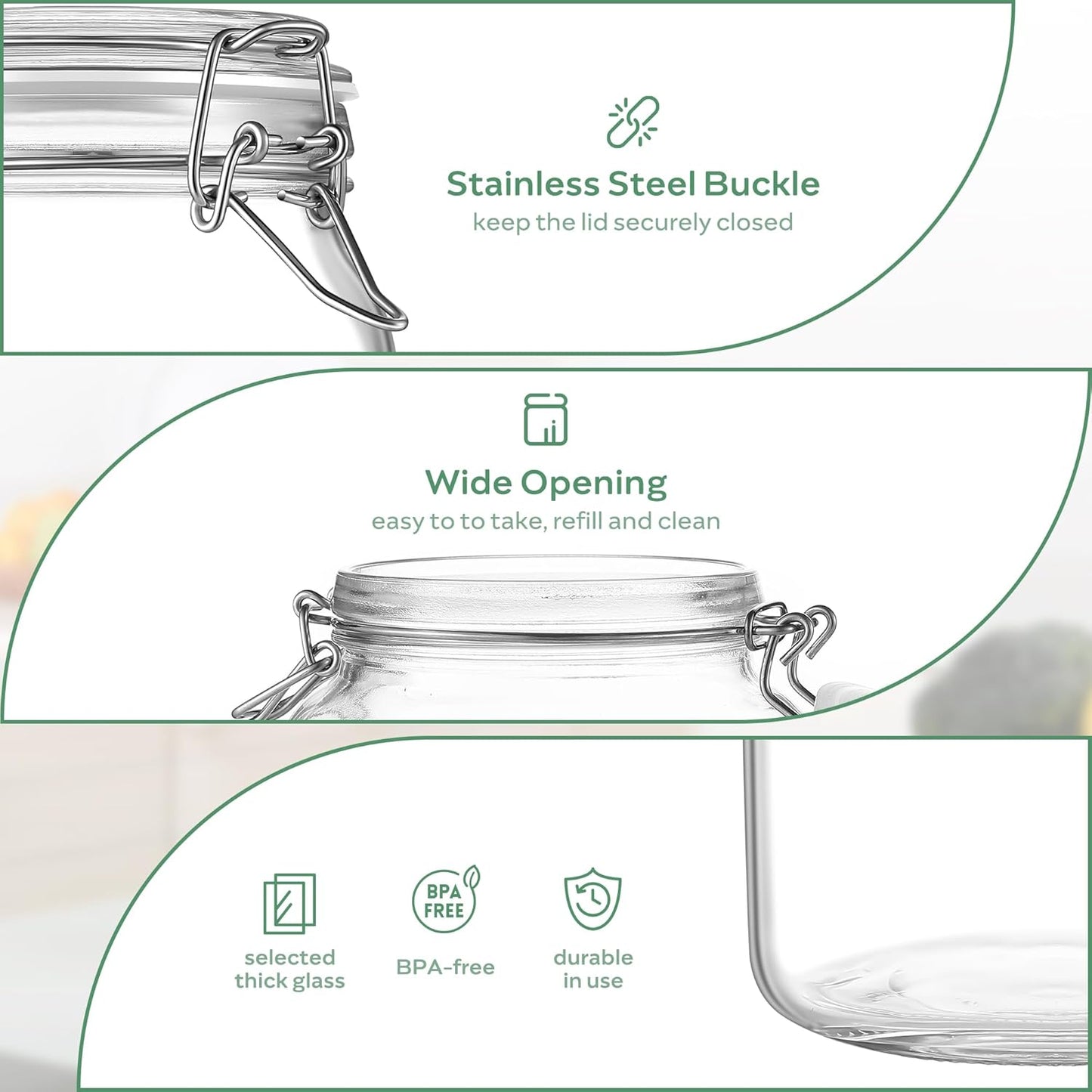 Glass Food Storage Jars with Airtight Lids 17 oz Square 4 Pack Kitchen Storage Containers Cabinet Canisters Sealed Pot Canning for Pasta, Cereal, Coffee, Beans, Spice