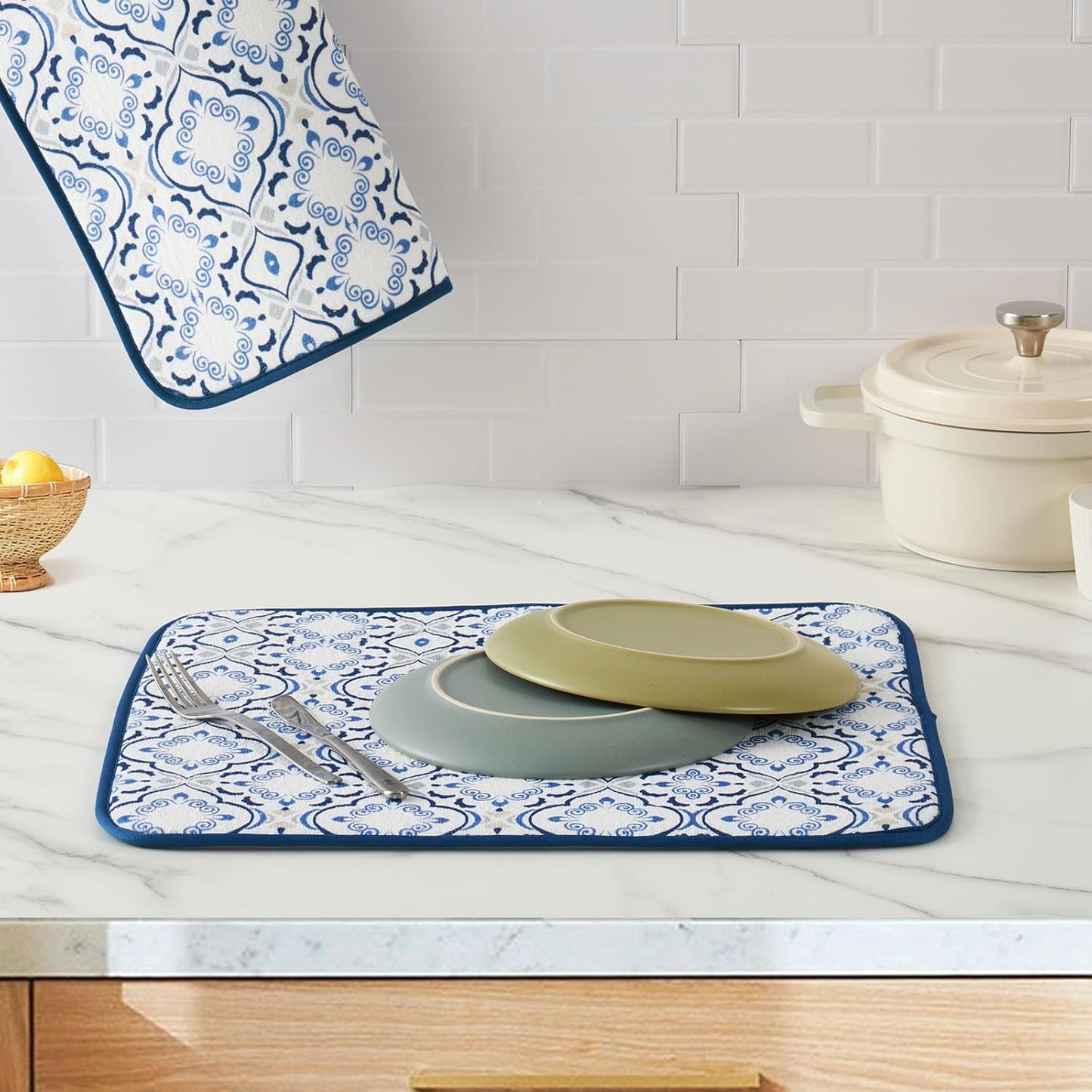 FRESHMINT Printed Dish Drying Mats for Kitchen Counter 2 Pack Absorbent Reversible Drying Mats Microfiber Kitchen Countertop Protector Dishes Drying Pad Extra Large 18"x16" Dish Mat