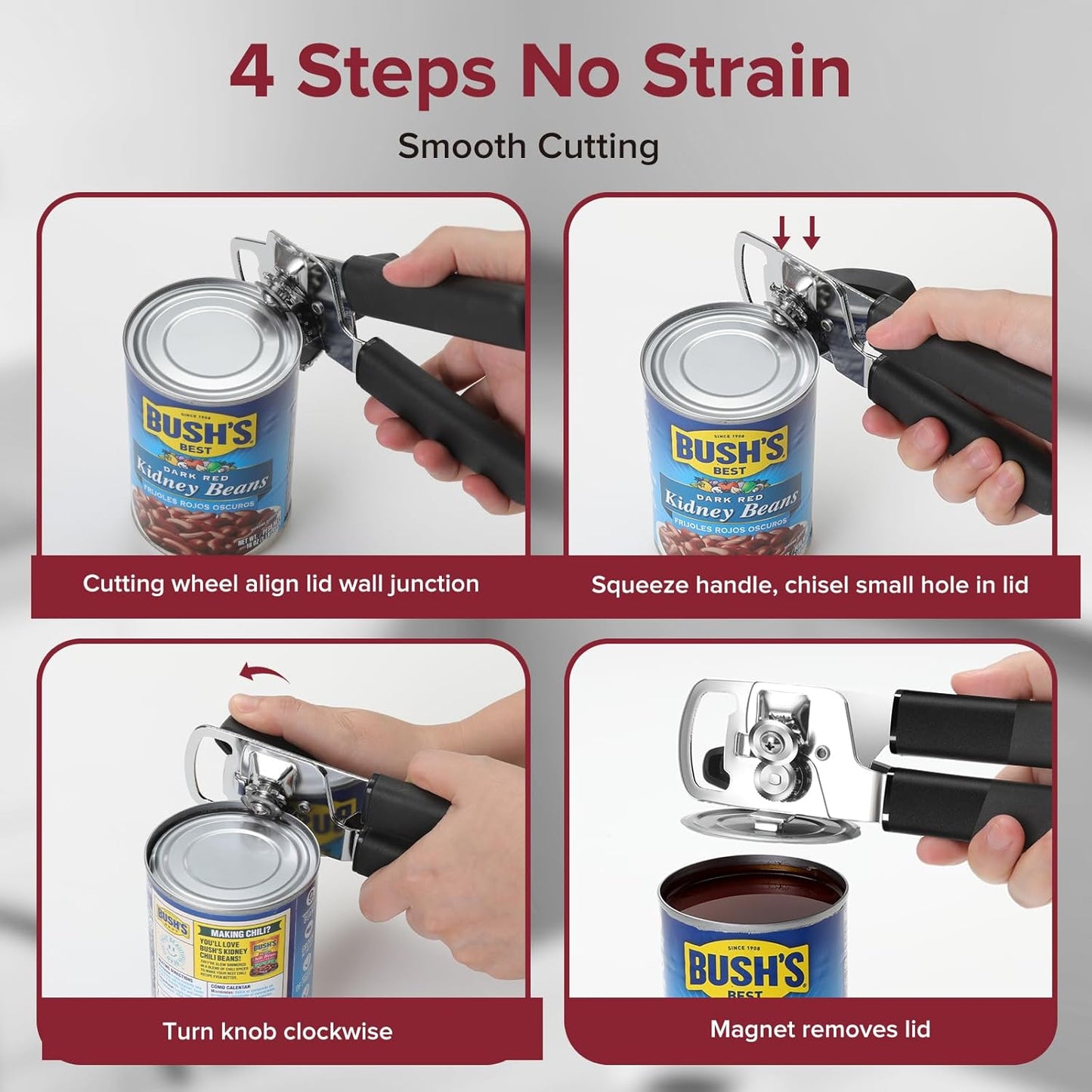 Can Opener Manual w/Magnet - Heavy Duty Hand Held Can Openers & Bottle Opener, Sharp Blade, Smooth Edge on Cans, Soft Grip Rubber Handle, Effortless Turn Knob for Seniors and Arthritis, Black