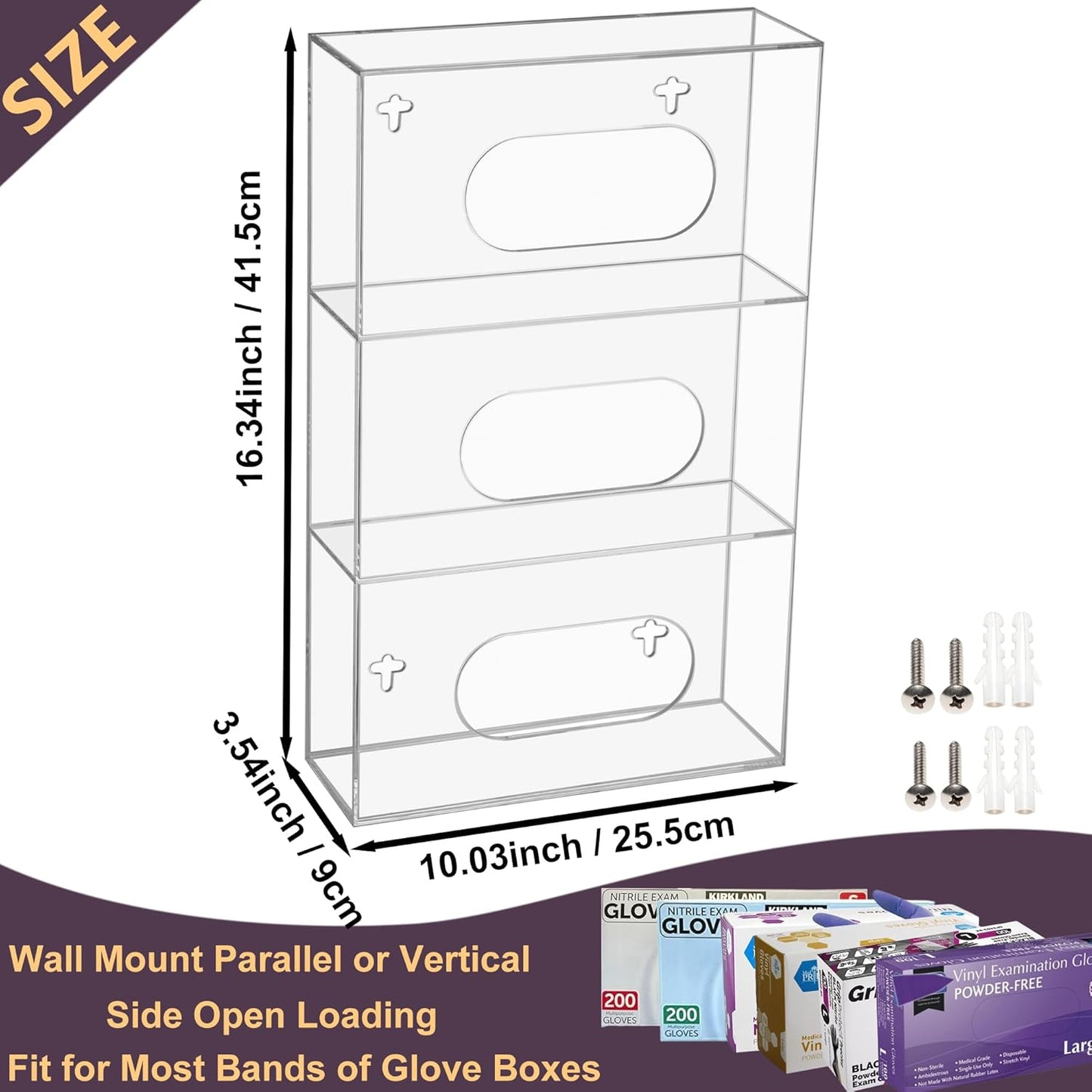 Glove Box Holder Dispenser Acrylic Triple Compartment Side Loaded Clear Rack Storage Organizer for Medical, Latex, Rubber, Nitrile, Exam, Disposable Glove Boxes Holder Standing or Wall Mount