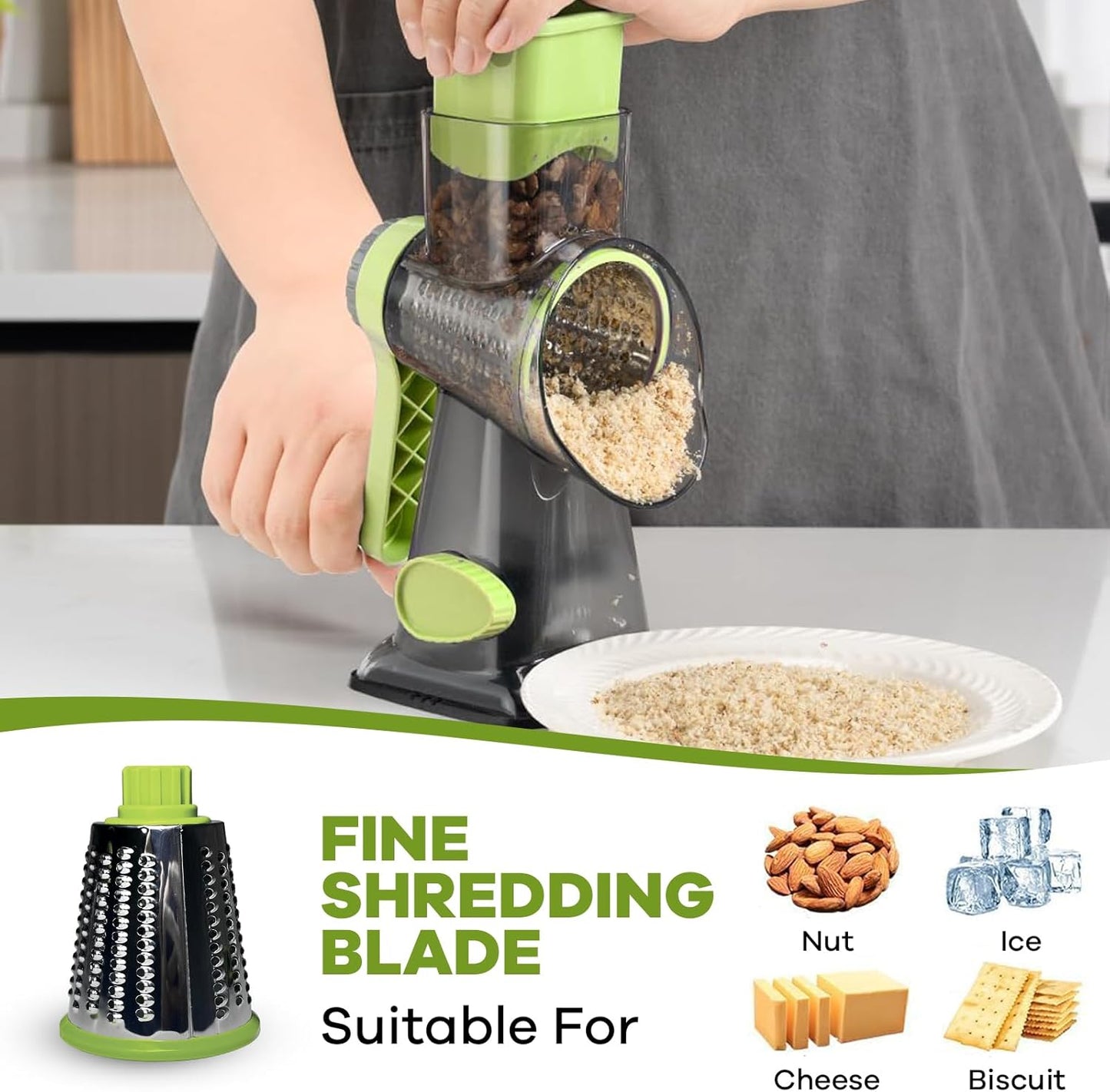 Rotary Cheese Grater with Handle, XinM Cheese Shredder Kitchen Mandoline Vegetable Slicer with 3 Interchangeable Blades, Easy to Clean Rotary Grater for Cheese Potato Nuts Chocolate (Green)