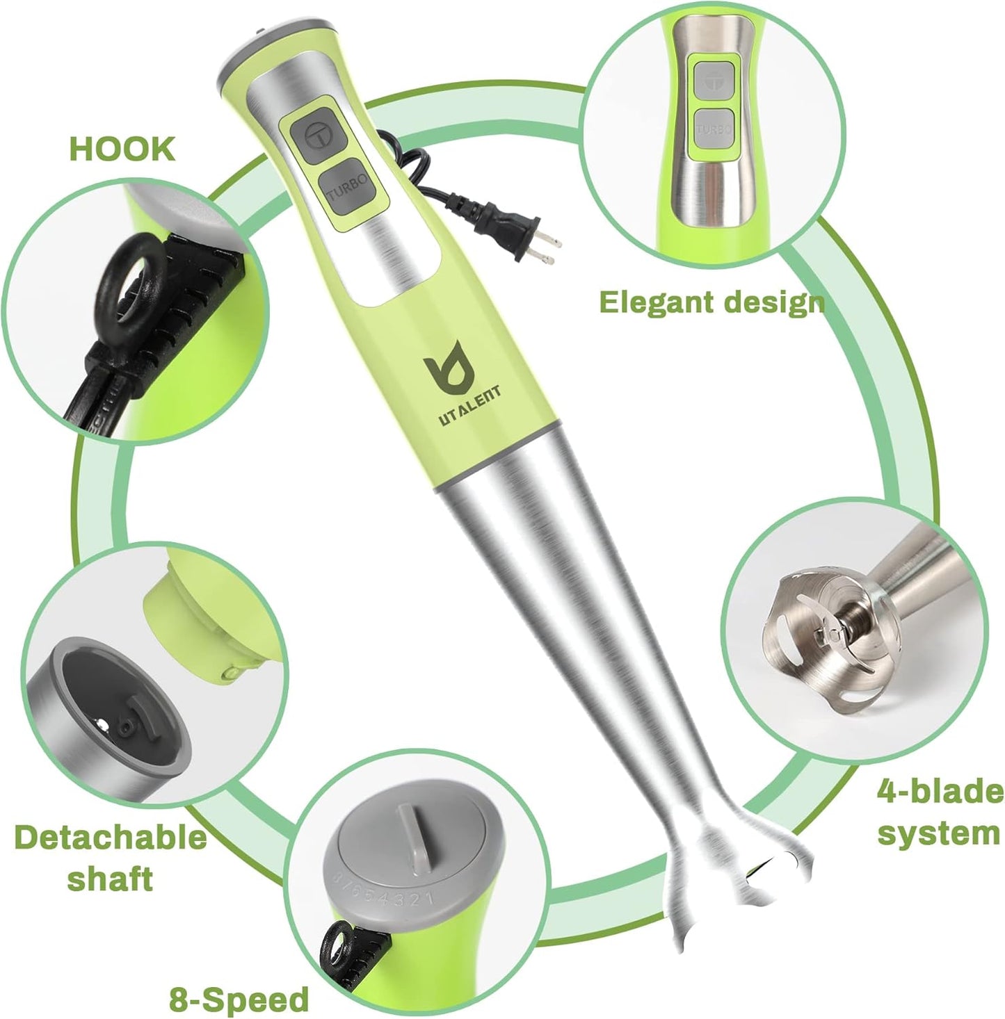 Immersion Hand Blender, UTALENT 3-in-1 8-Speed Stick Blender with Milk Frother, Egg Whisk for Coffee Milk Foam, Puree Baby Food, Smoothies, Sauces and Soups - Green