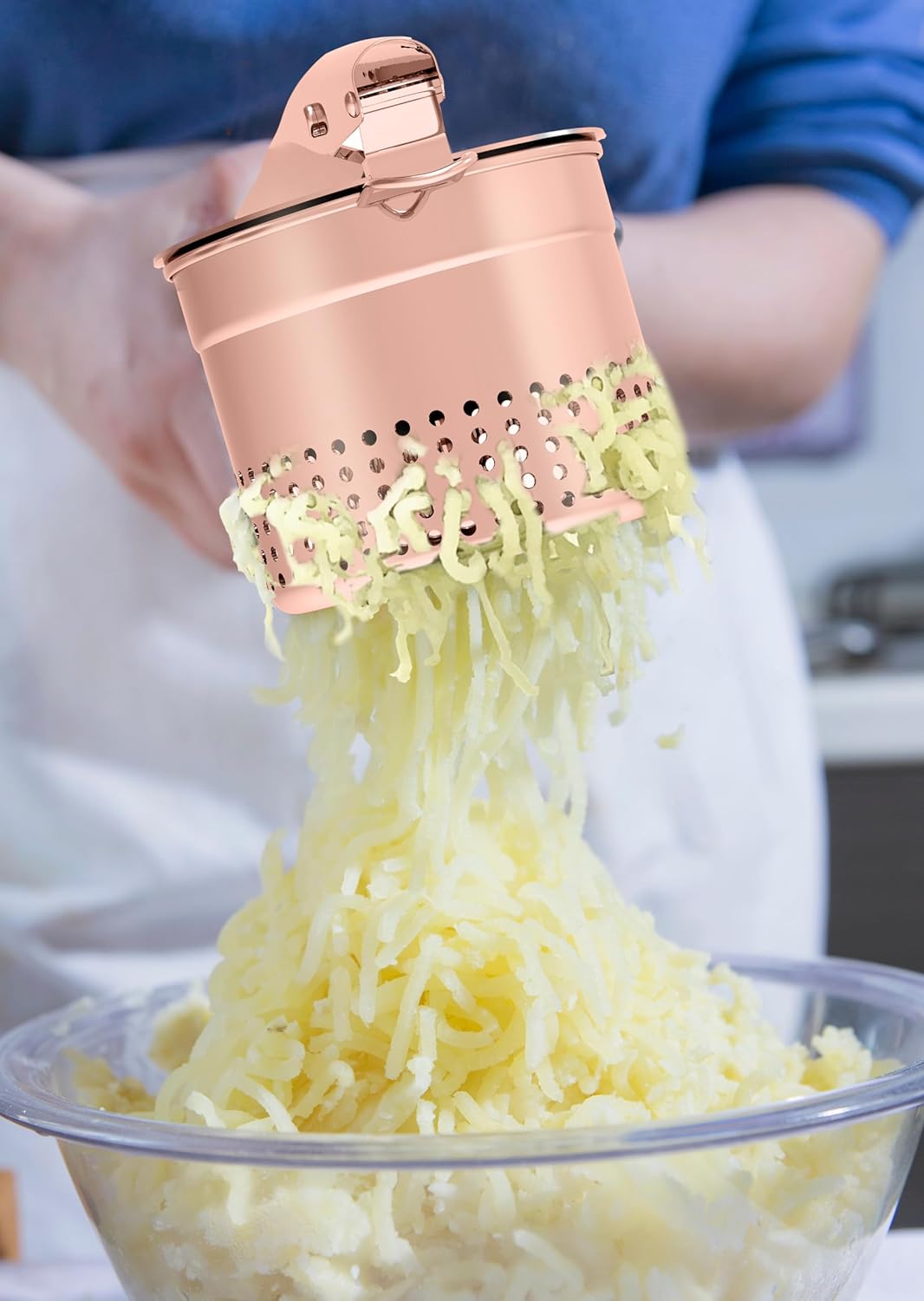 Large 15oz Potato Ricer Masher, Heavy Duty Stainless Steel Potato Masher with Ergonomic Handle, Masher and Ricer Kitchen Tool for Mashed Potatoes, Noodle Maker, Rose Gold