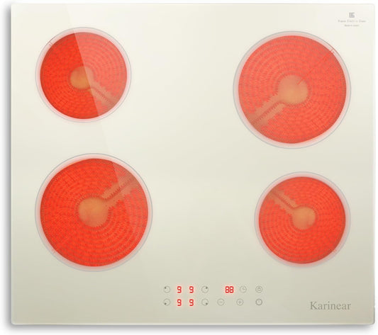 Karinear Electric Cooktop 24 Inch, Beige-gray Glass Electri Cermaic Stove, 4 Burners Electric Stove Top with Timer, Child Safety Lock, High Temperature Alert, 6000W, Drop-in 240V Hardwire(No plug)