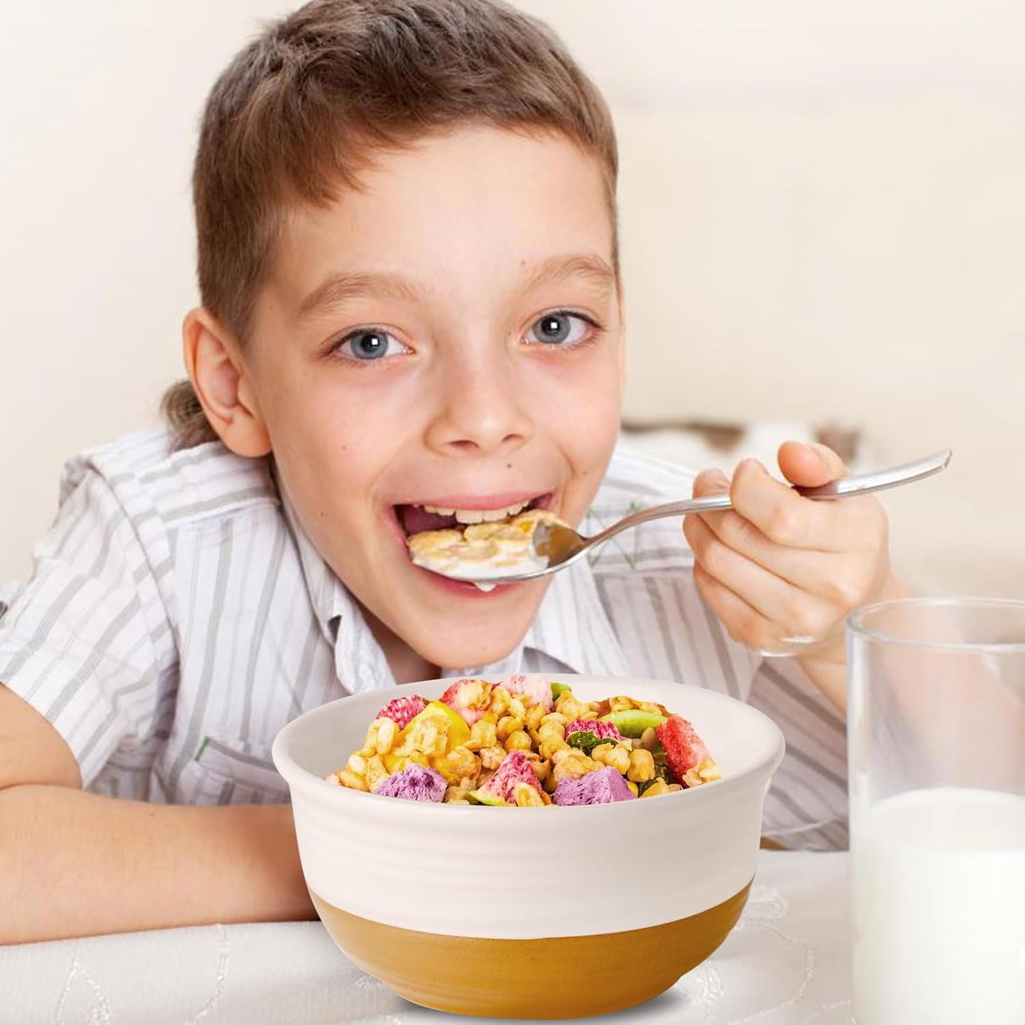 Hasense Ceramic White Colorblocked Design Bowls - 20 OZ Stackable Set of 6, Dishwasher and Microwave Safe for Pasta, Oatmeal, Rice, Ice Cream