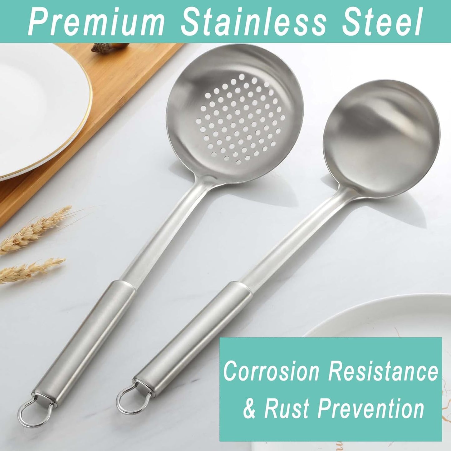 Pleafind 2-Pcs Ladle and Slotted Spoon, Soup Ladle and Strainer Spoons, Stainless Steel Cooking Spoon and Skimmer Spoons, Kitchen Utensils, Wok Utensils for Home and Restaurant, Dishwasher Safe