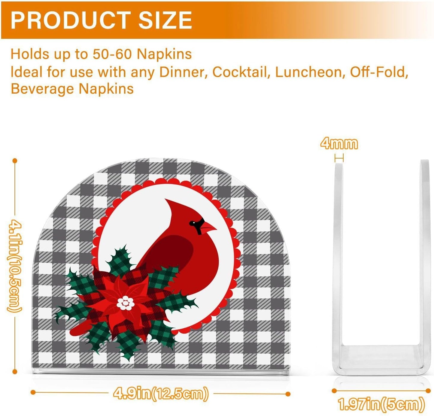 Cardinal Bird Christmas Checkered Plaid Napkin Holder for Table Paper Napkins Holder Acrylic Tissue Dispenser Kitchen Dining Room Bathroom Party Car Decor
