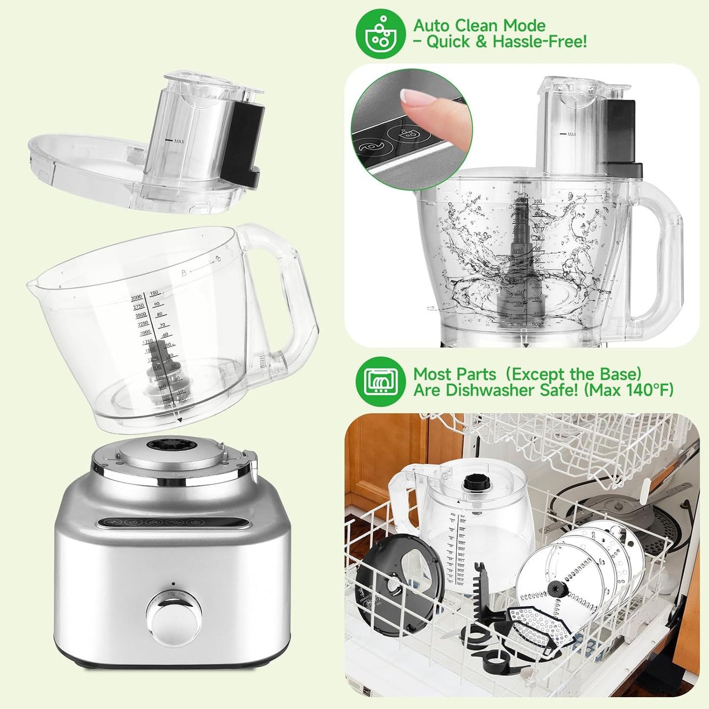 Homtone 16 Cup Food Processor, Large 11-in-1 Heavy Duty Food Processors and Blender Combo- 5 Preset Modes for Chopping,Shredding, Slicing, Kneading, Blending, Stepless Speed Control, 650W, Silver