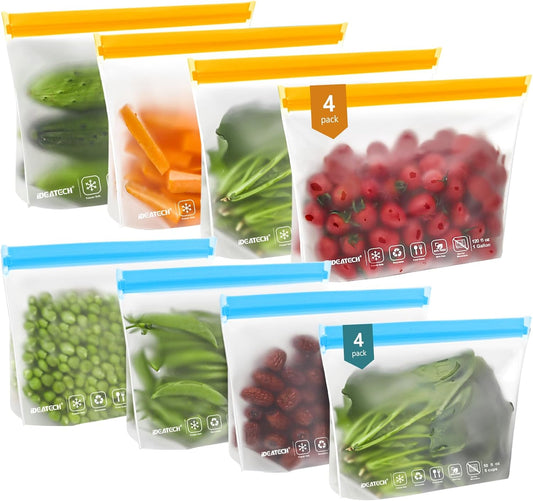 IDEATECH 8Pack Gallon Bags Dishwasher Safe, Leakproof Reusable Gallon Freezer Bags, BPA Free Reusable Gallon Bags, Reusable Food Storage Bags Silicone for Meats, Sandwich, Travel (8Gallon, Colored)