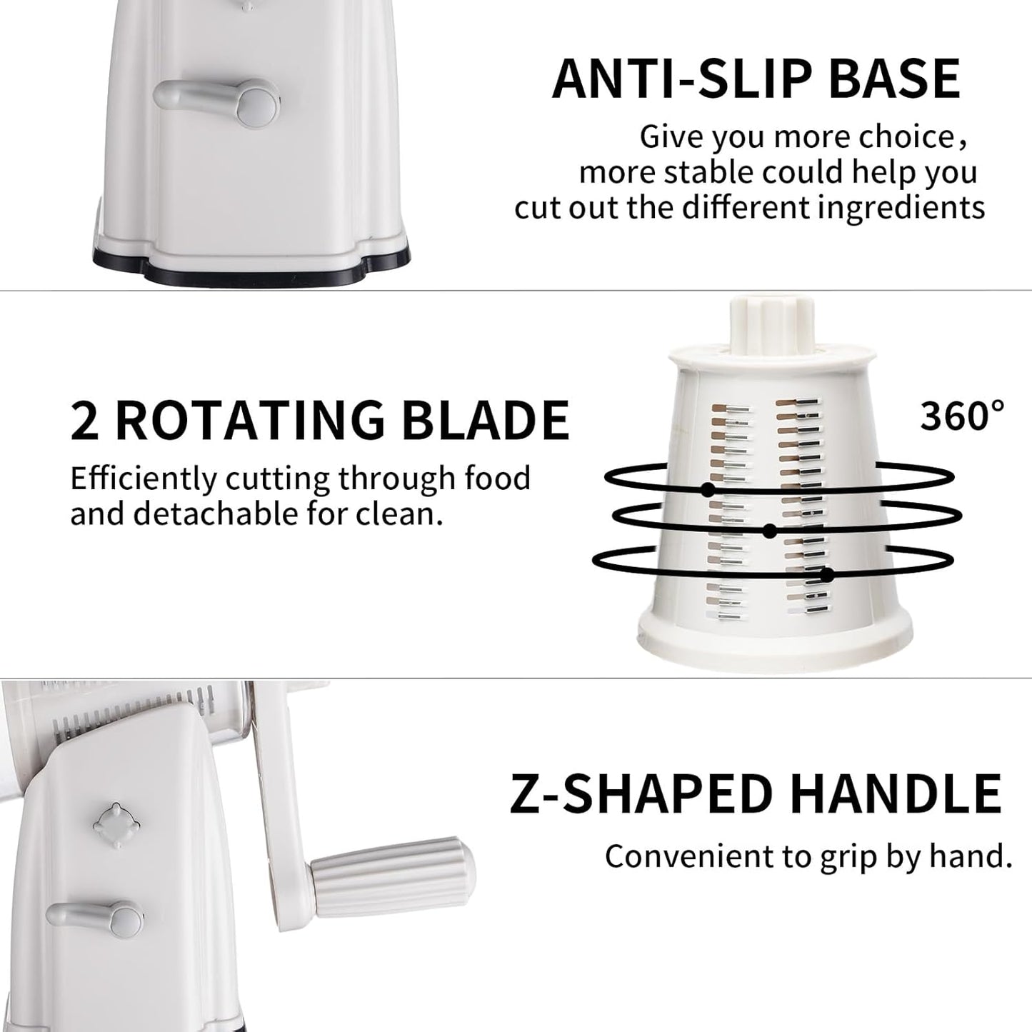 Rotary Cheese Grater Shredder - Upgraded 5 in 1 Cheese Grater with Handle and Strong Suction Base, Multi-purpose Julienne Slicer Ice Shaver Nuts Grinder for Ice, Vegetables, Fruit, Nuts